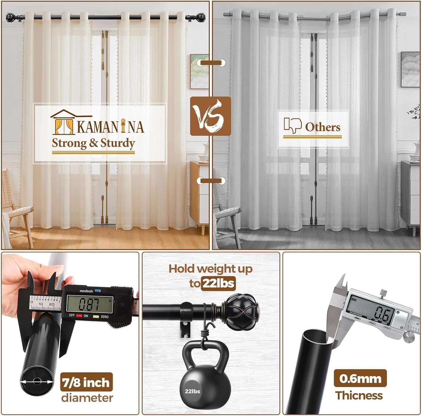 KAMANINA Curtain Rods for Windows 48 to 84 Inch, Black Heavy Duty Curtain Rod Adjustable, 7/8 Inch Single Decorative Drapery Rod 32 to 86 Inch(2.6-7.1Ft), Netted Texture End