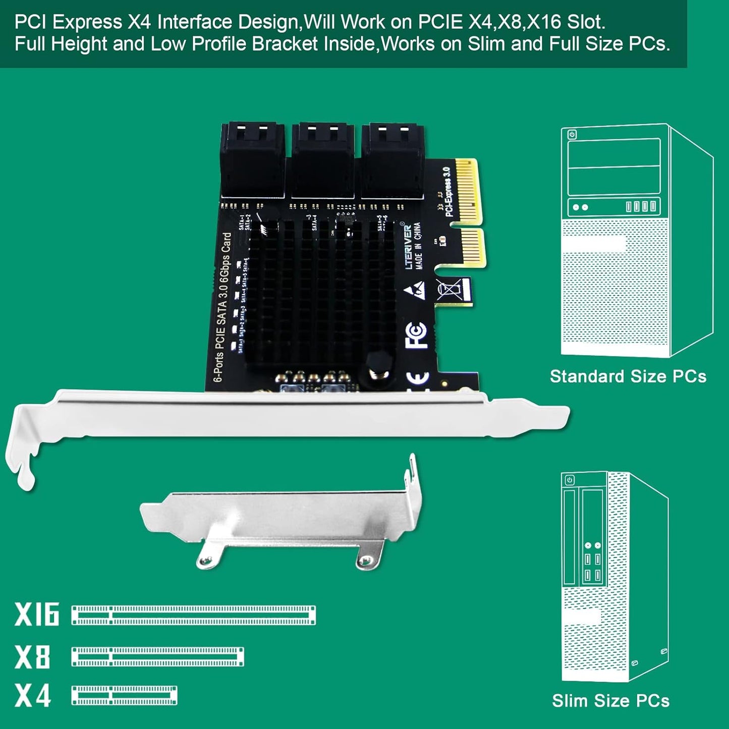 PCIE 3.0 X4 to 6-Ports Serial ATA/SATA 3.0 Host Controller, Plug and Play on Windows OS, MAC OS, and Linux Kernel Systems-6X 6Gbps Max SATA 3.0 None Raid Ports-Support AHCI Boot Up (PCE-G3S6)