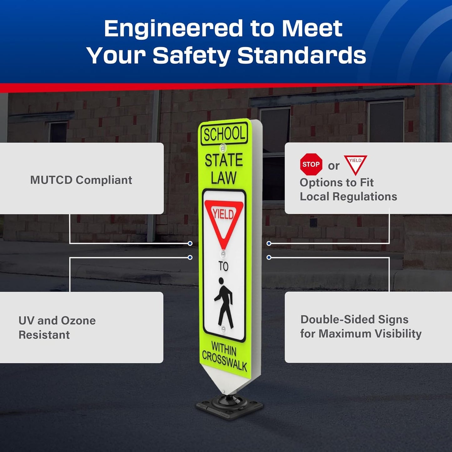 Impact Recovery - In-Street Pedestrian Crossing Signs - Street Sign - Road Sign - Pedestrian Safety Signs - School Yield with Surface Mount Base