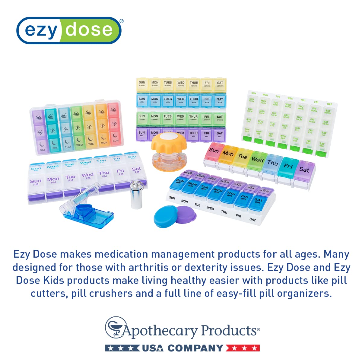 EZY DOSE Weekly (7-Day) AM/PM Pill Organizer, Daily Vitamin Container and Medicine Box, Large Pop-Out Compartments, Designed for Travel, 2 Times a Day, Blue and Yellow Lids