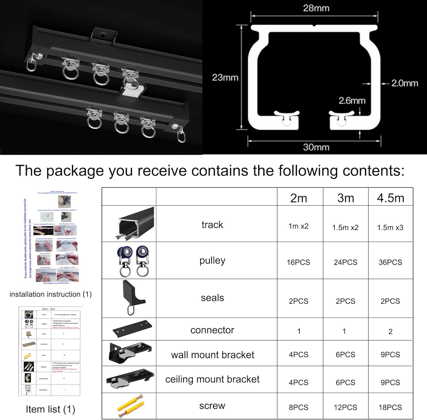 Ceiling Curtain Track Ceiling Mounted Curtain Rail for Curtains, Drapes, and Room Dividers Ceiling or Wall Mount Curtain Track Room Divider-Sliding Curtain Rail for Living room (black, 3m)