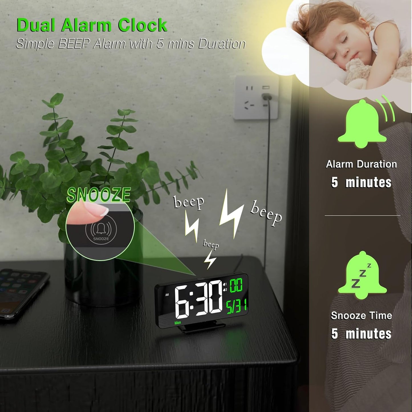 KOSUMOSU Desk Clock 6.7in Black Digital Alarm Clock with Dual Alarm, Dimming, Date, Day of Week, Temp, 12h 24h, Digital LED Clock for Table Decor, Digital Calendar Mirror Clocks Essentials