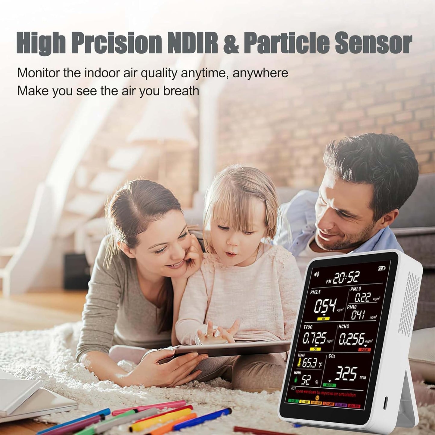 Professional Indoor Air Quality Monitor with AQI Beep Alarms, Portable Real-Time Detector for Home Cars Plants and Pets (White)