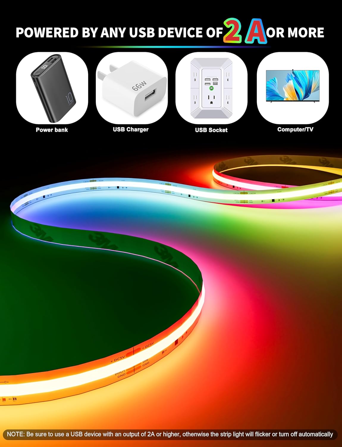 PAUTIX RGB Smart IC COB LED Strip Light USB 5V 6.56ft/2m,Work with Alexa/Google Assistant,Color Chasing UL-Listed Multicolor Flexible Tape LED Strip Light,for Cabinet,TV,Bedroom,Party DIY Decoration