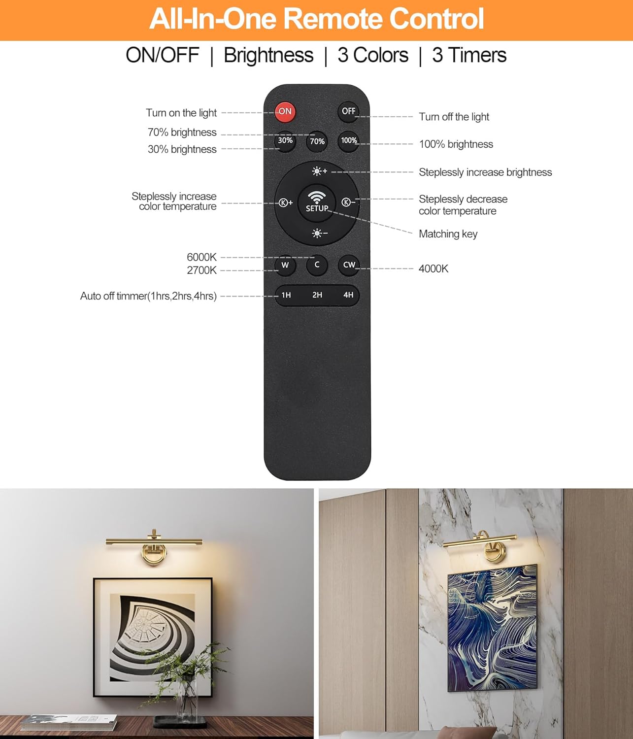 Picture Light for Wall,Battery Operated Art Lights for Painting,3 Color Selections and Brightness, Adjustable Wireless Portrait Lights with Remote for Artwork,Bookcase,Photo Frames(Brass, 15.7inch)
