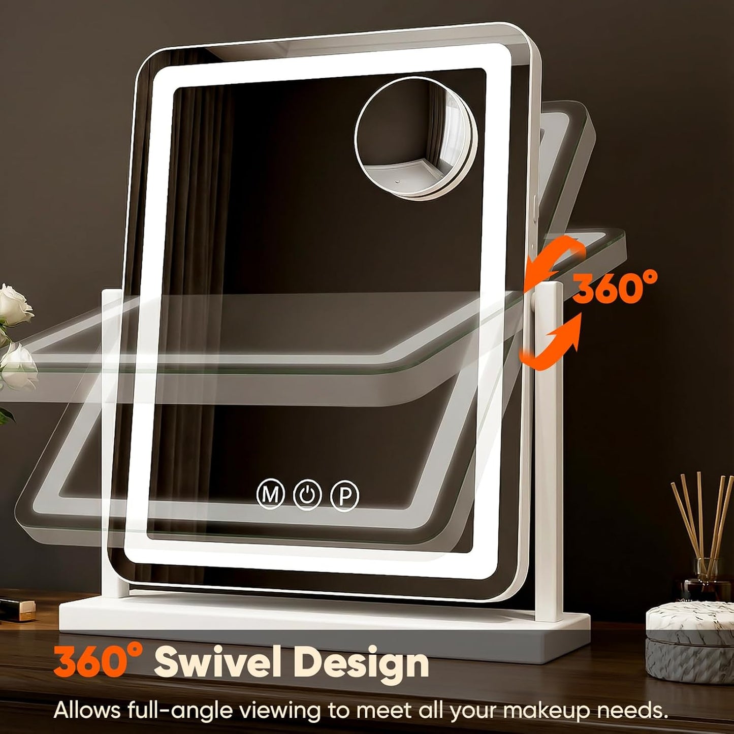 Antok Vanity Mirror with Lights, 32"X22" Lighted Makeup Mirror, Smart Touch, 3 Color Modes and Brightness Adjustable, LED Vanity Mirror with Detachable 10X Magnification, 360° Rotation for Makeup Desk