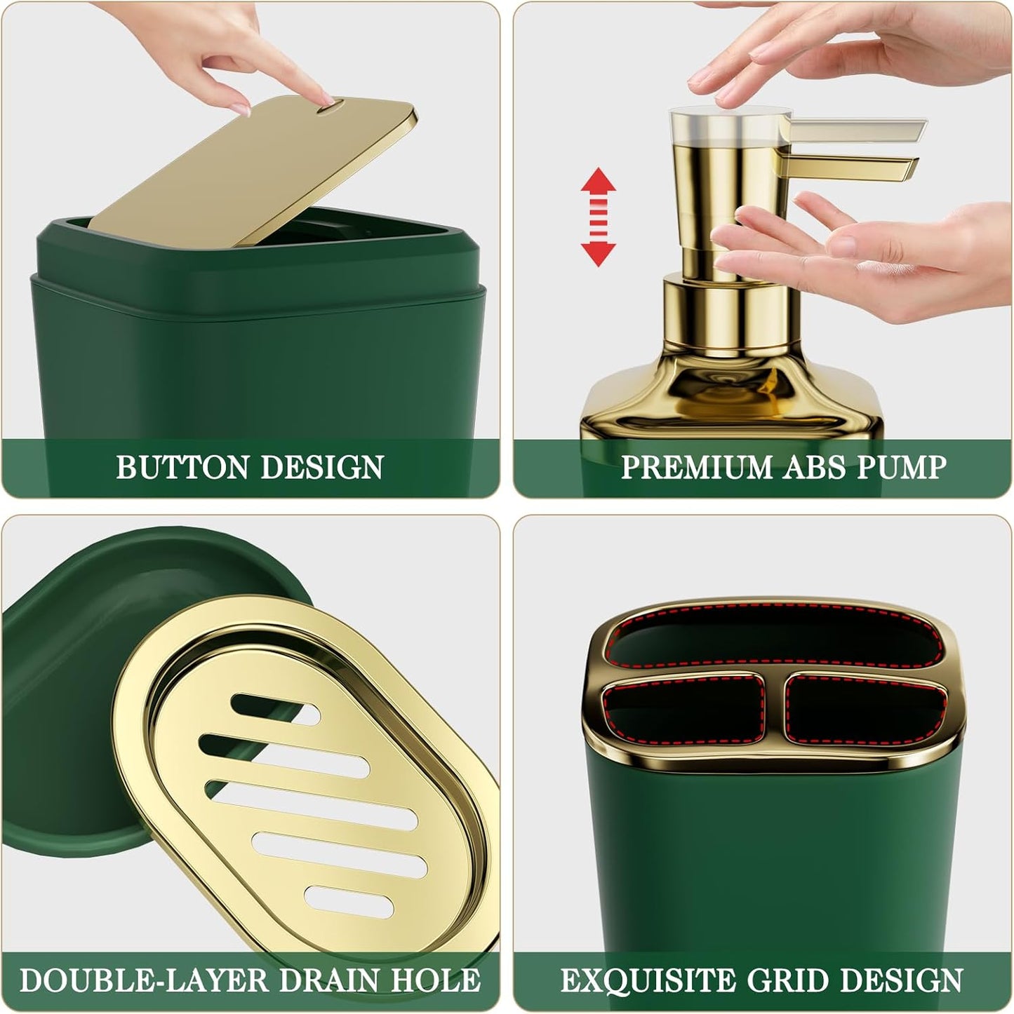 Bathroom Set - Bathroom Sets with Shower Curtain and Rugs, Bathroom Accessory Set, Dark Green Bathroom Accessories Set with Trash Can, Toilet Brush and Soap Dispensers
