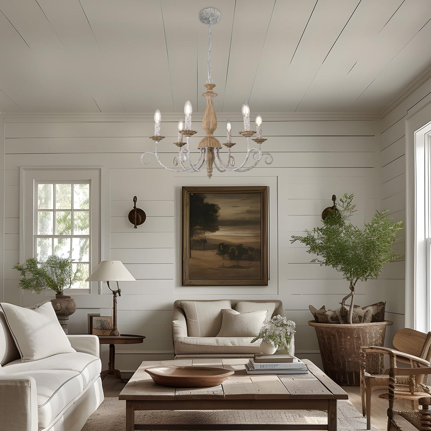 French Country Chandelier,6-Light Farmhouse Vintage Antique Brown Metal Chandelier Pendant Light Fixtures for Kitchen Island Dining Room Living Room Foyer Entryway Office