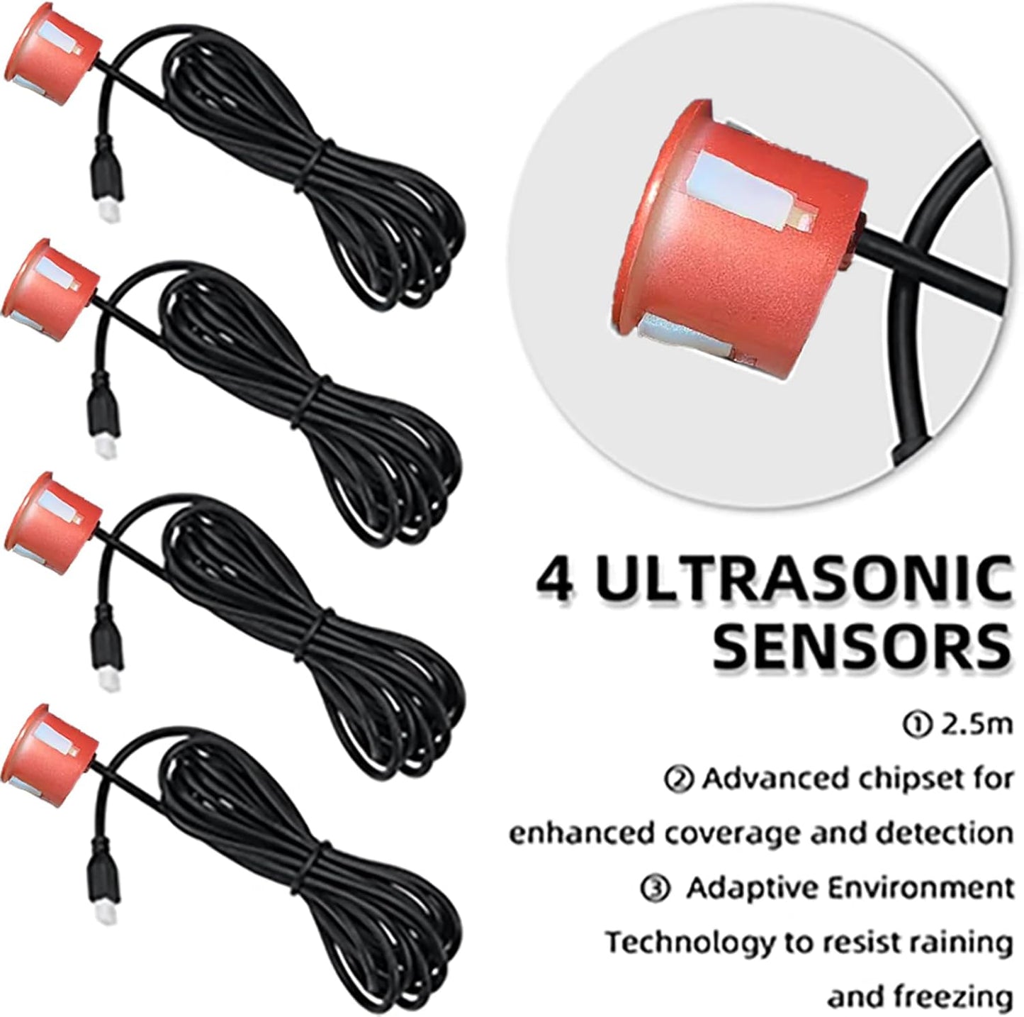New Features Forward and Reverse Parking sensors, Option to Measure Distance in inches, bidirectional Display Option, and Customizable Digital Direction 18 Color Probes to Choose from(Red)