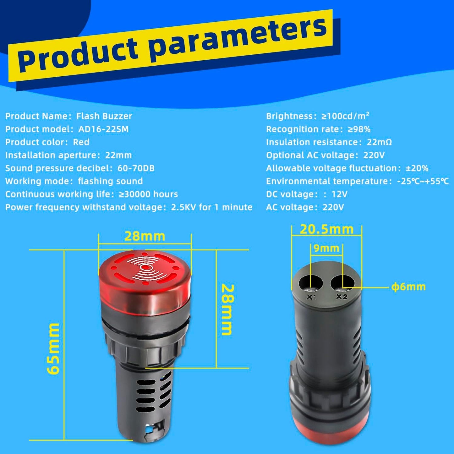 Indicator Light 12V Buzzer,10PCS 22mm Red LDE Flashing Buzzer AC/DC 12V Alarm for Electrical Control Panel
