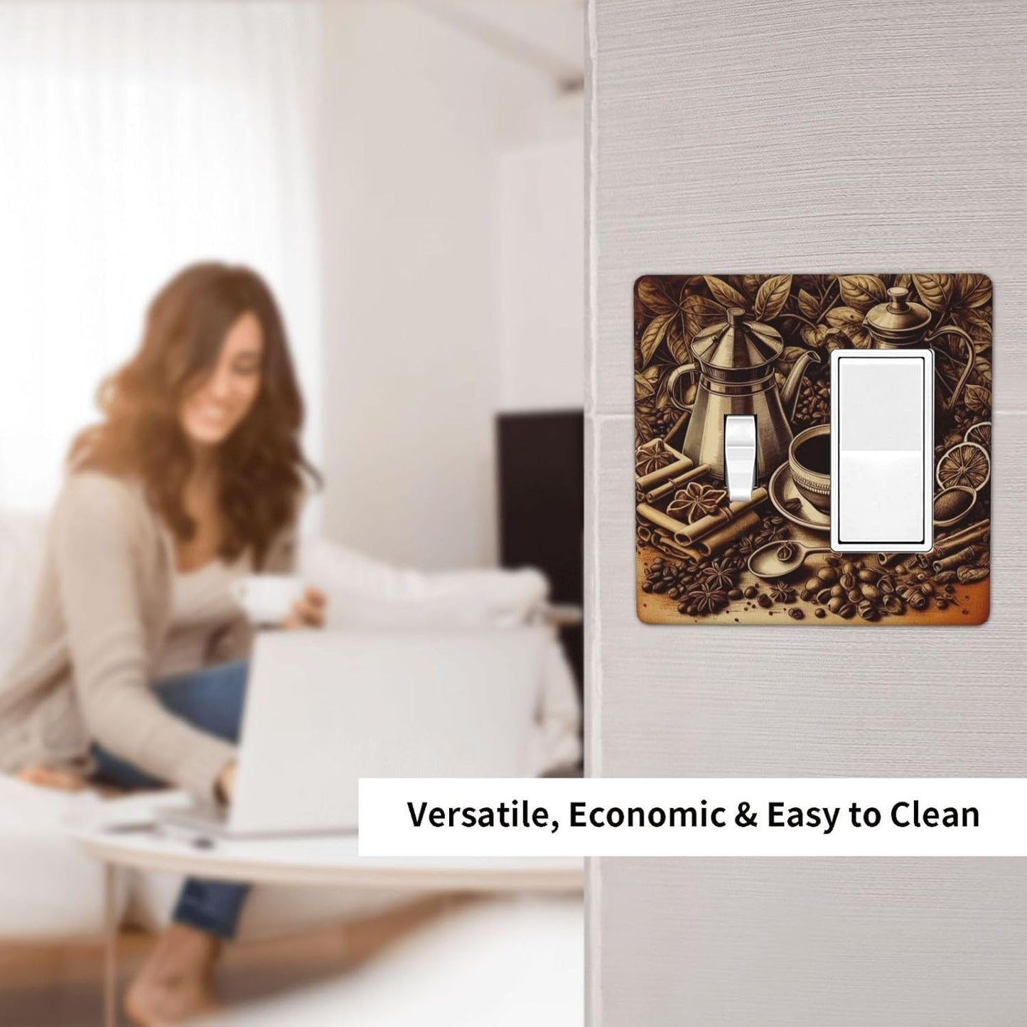 Decorative Outlet Covers Vintage Coffee Beans Leaf Cup 2 Gang 1 Gang Wall Plate Cover Single Toggle Rocker Combo Light Switch Cover Plate Face Plate for Kitchen Decor