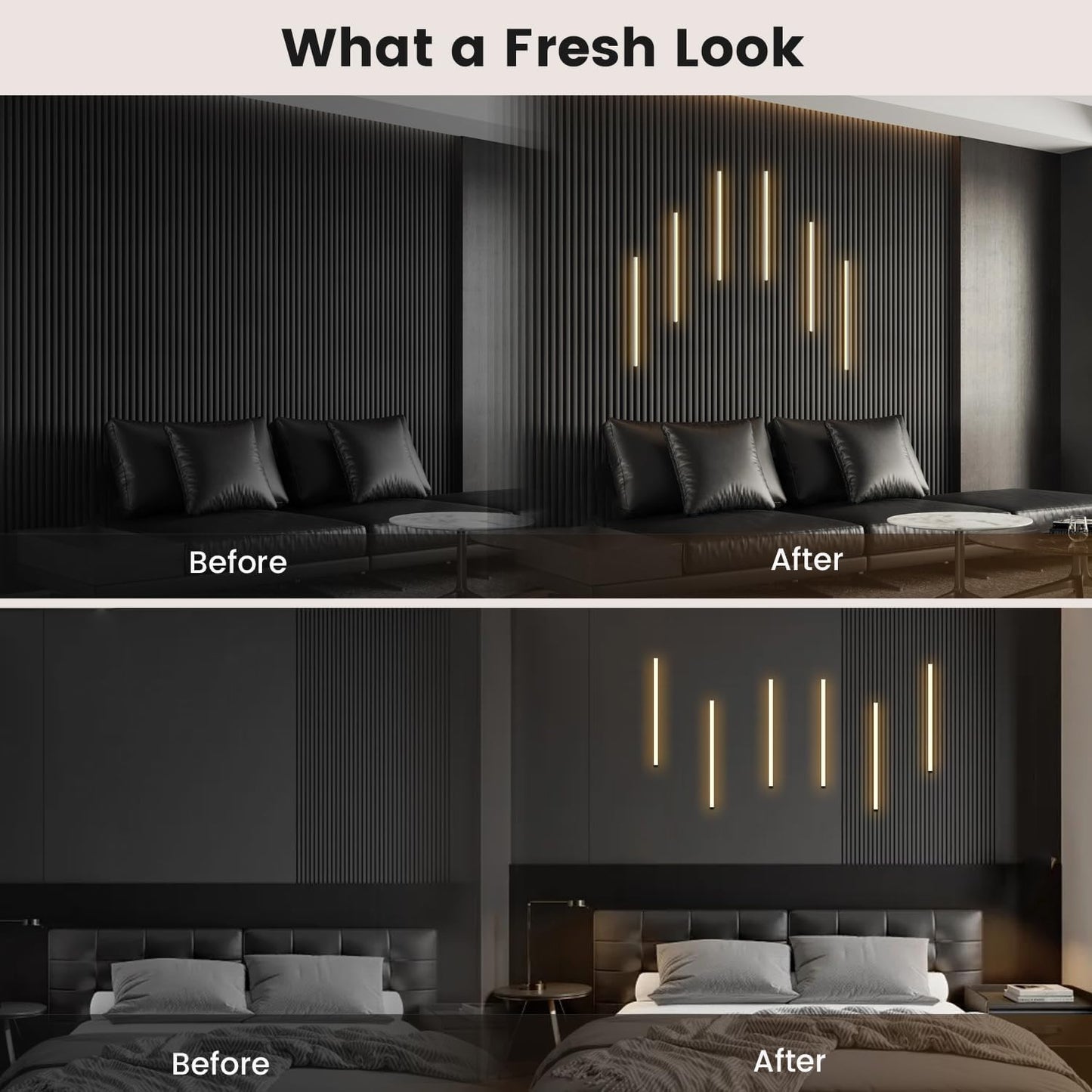 Wall Led Lights - GloryAir 6pcs Black 3000K Warm White Led Panel Light Strips, Self-Adhesive Dimmable Touch Switch Wall Slat Lights for Wood Slat, Fluted Panel, Bedroom Headboard