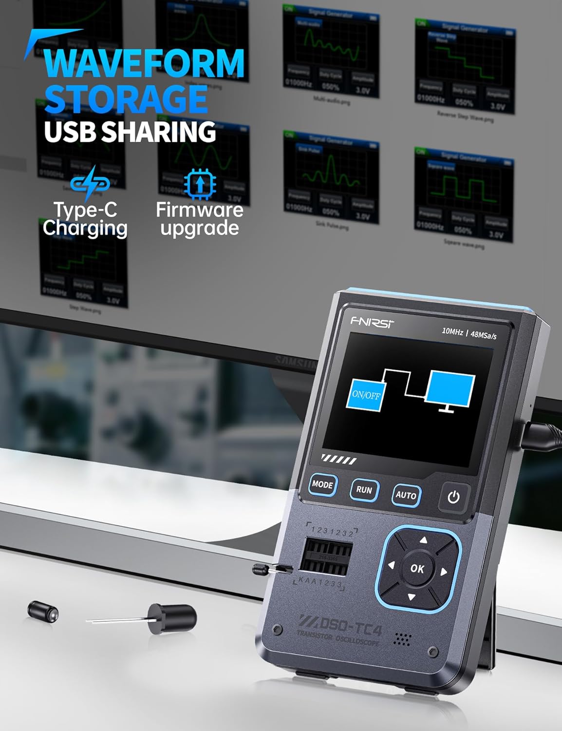 FNIRSI DSO-TC4 Handheld Oscilloscope, 10MHz Bandwidth 48MSa/s Sampling Rate Transistor Tester Digital Oscilloscope DDS Signal Generator 3 in 1, Voltage Continuity Zener Diode Triode Component Tester