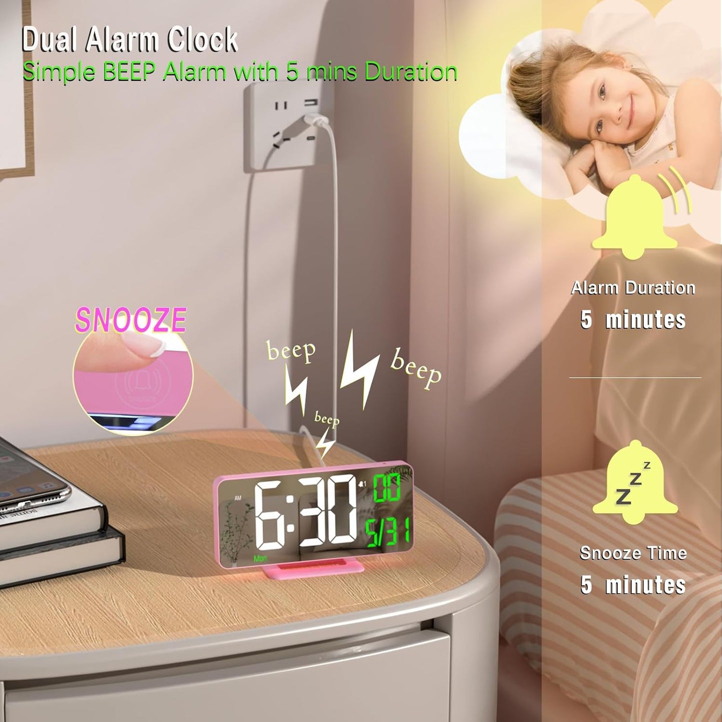 KOSUMOSU Pink Digital Clock 6.7in Desk Clock with Dual Alarm Clock, Dimming, 12/24h, Date, Day of Week, Temp, Digital LED Clock, Alarm Clock for Table, Digital Calendar Table Clocks for Bedrooms