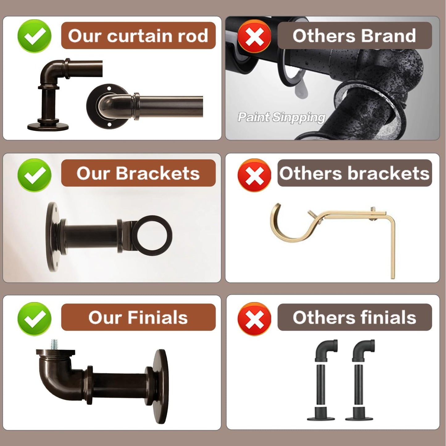 Brown Curtain Rods 18 to 120 Inch, Industrial Curtain Rods,Adjustable Length,1 in Diameter Pipe,Wall or Ceiling Mounted,for Bedroom and Living Room(Antique Bronze 18” to 120”)