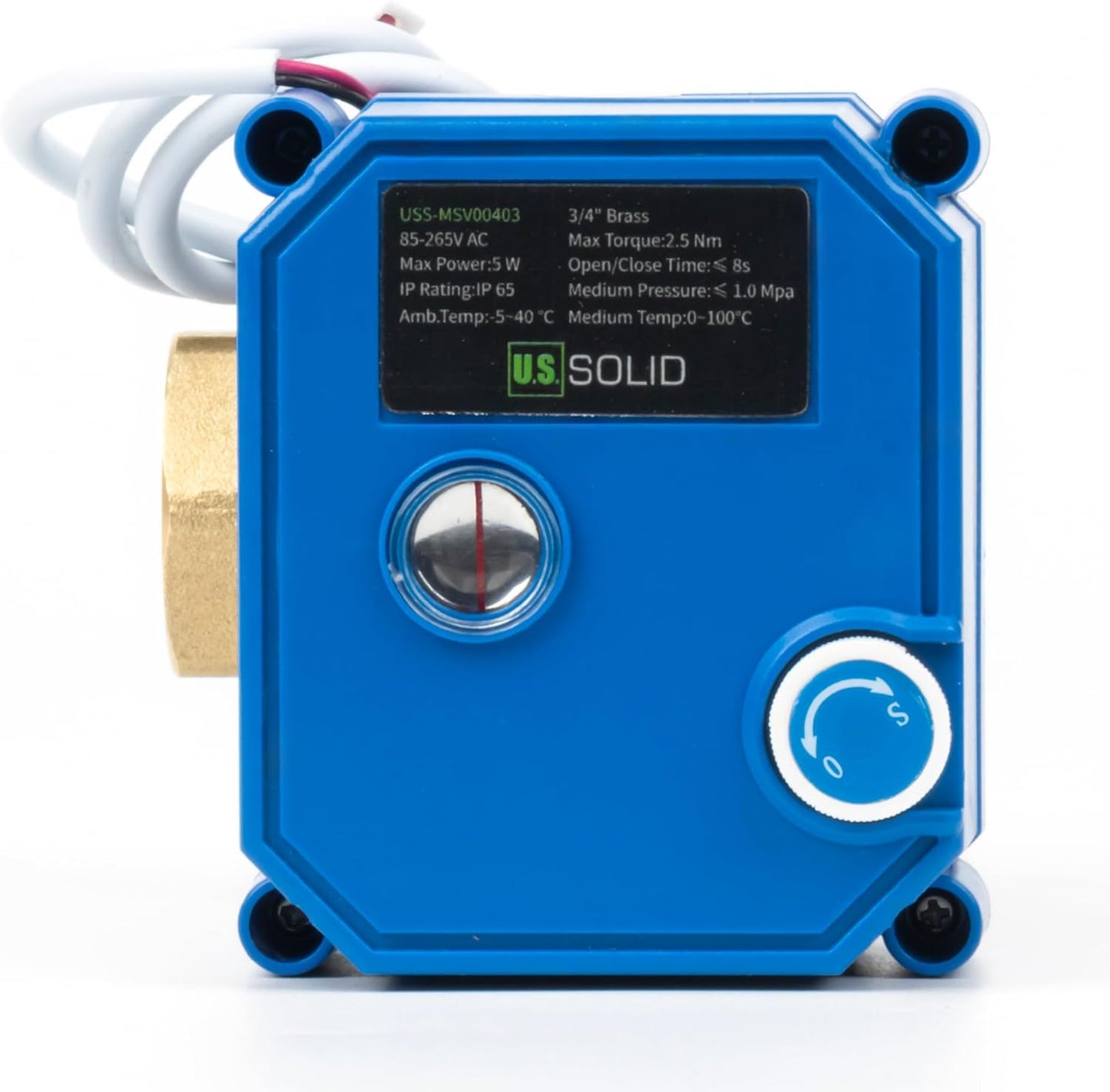 U.S. Solid Motorized Ball Valve with Manual Function - 3/4" Brass, Standard Port, 85-265V AC, 2-wire Automatic Return, Normally Closed