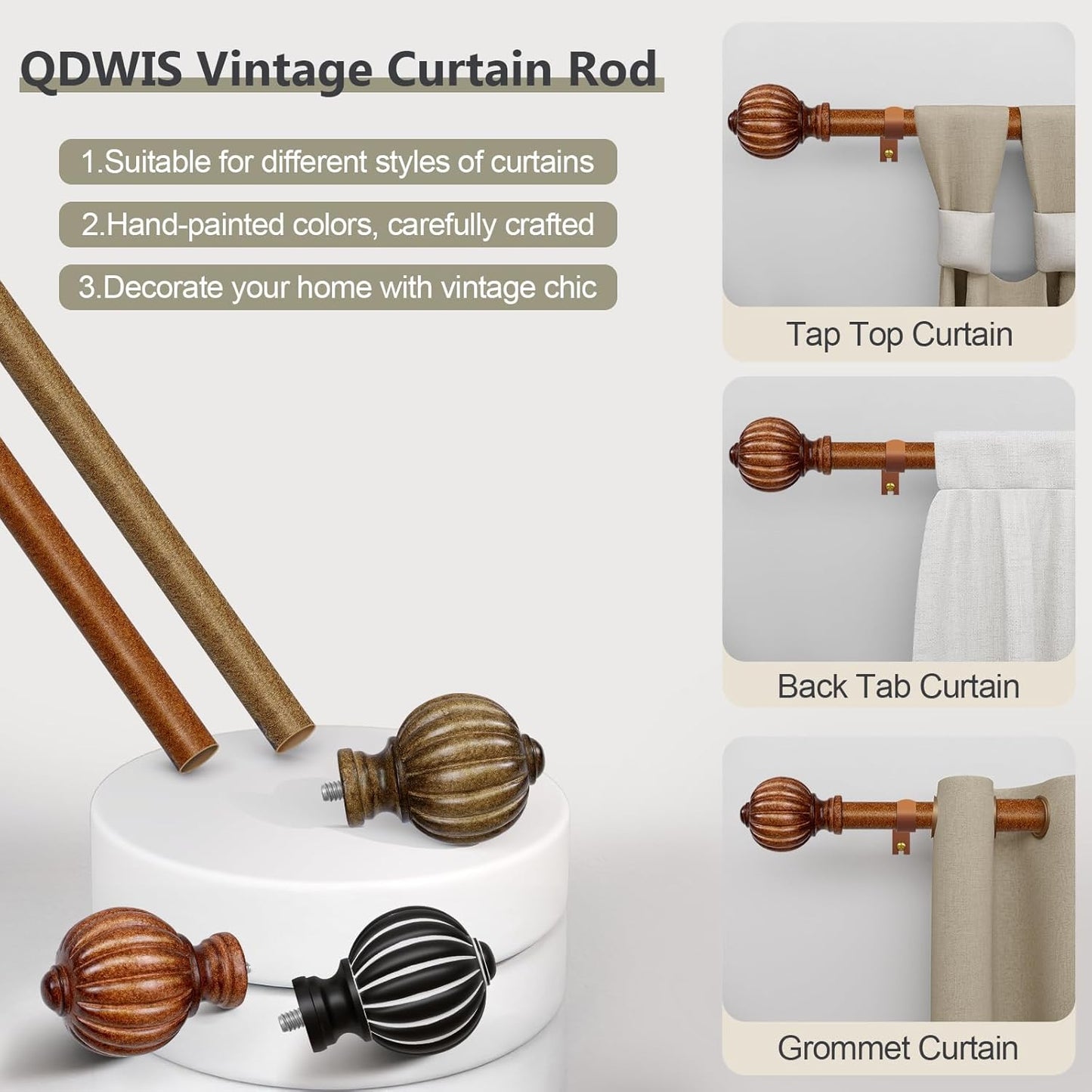 2 Pack Dark Brown Wood Curtain Rods for Windows 28 to 48 Inch, 1'' Adjustable Heavy Duty Curtain Rod,Vintage Imitation Wood Decorative Drapery Rods with Pumpkin Finials for Bedroom Living Room