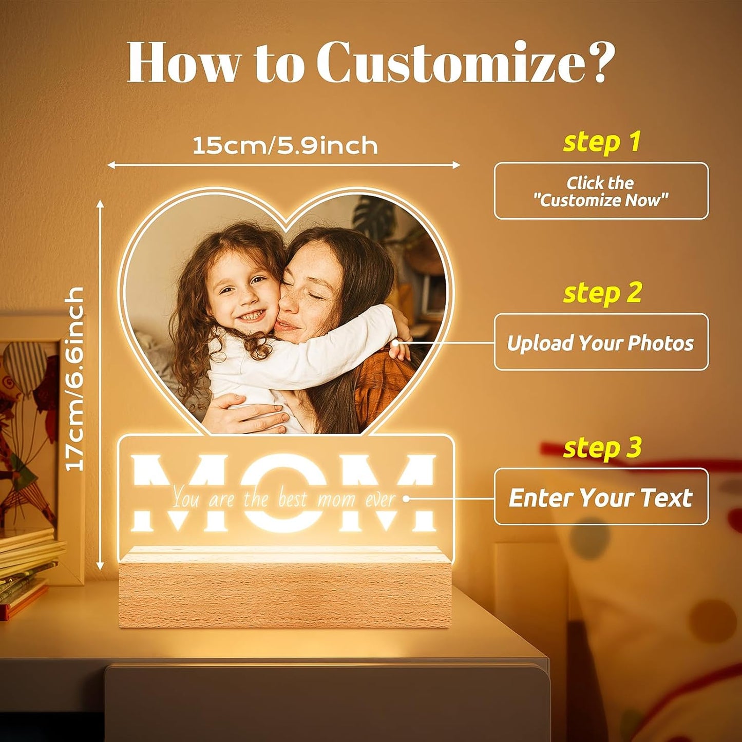 Personalized Gifts for Mom from Daughter and Son, Custom Picture Frames with Photo, Personalized Photo Frame with Night Light, Customized Mom Birthday Gifts