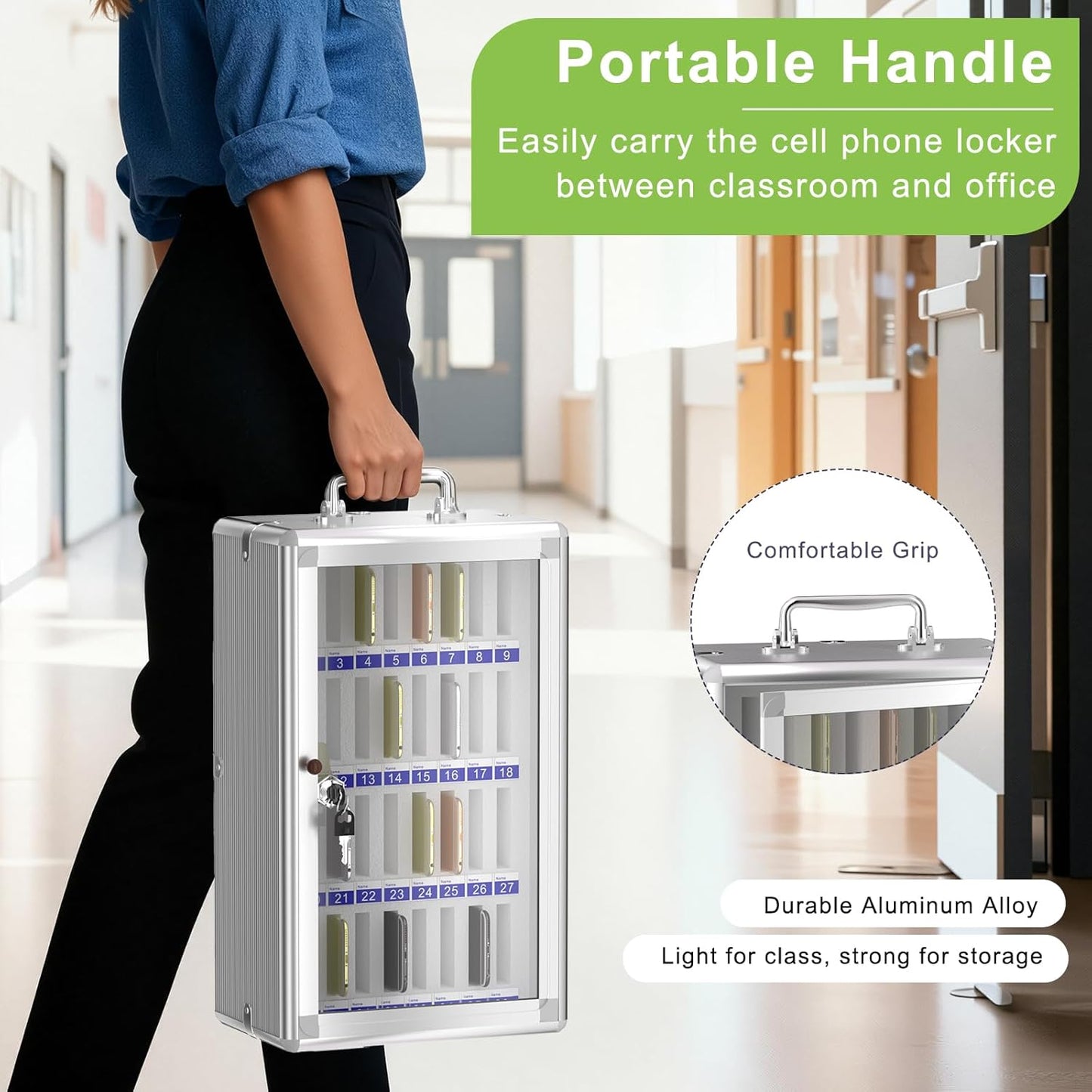 Loghot Aluminum Alloy Pocket Chart Cell Phones Storage Cabinet for Cell Phones, Wall-Mounted Cell Phone Locker Phone Holder with Lock for Classroom, Office, Can be Carried by Hand (36 Slots)