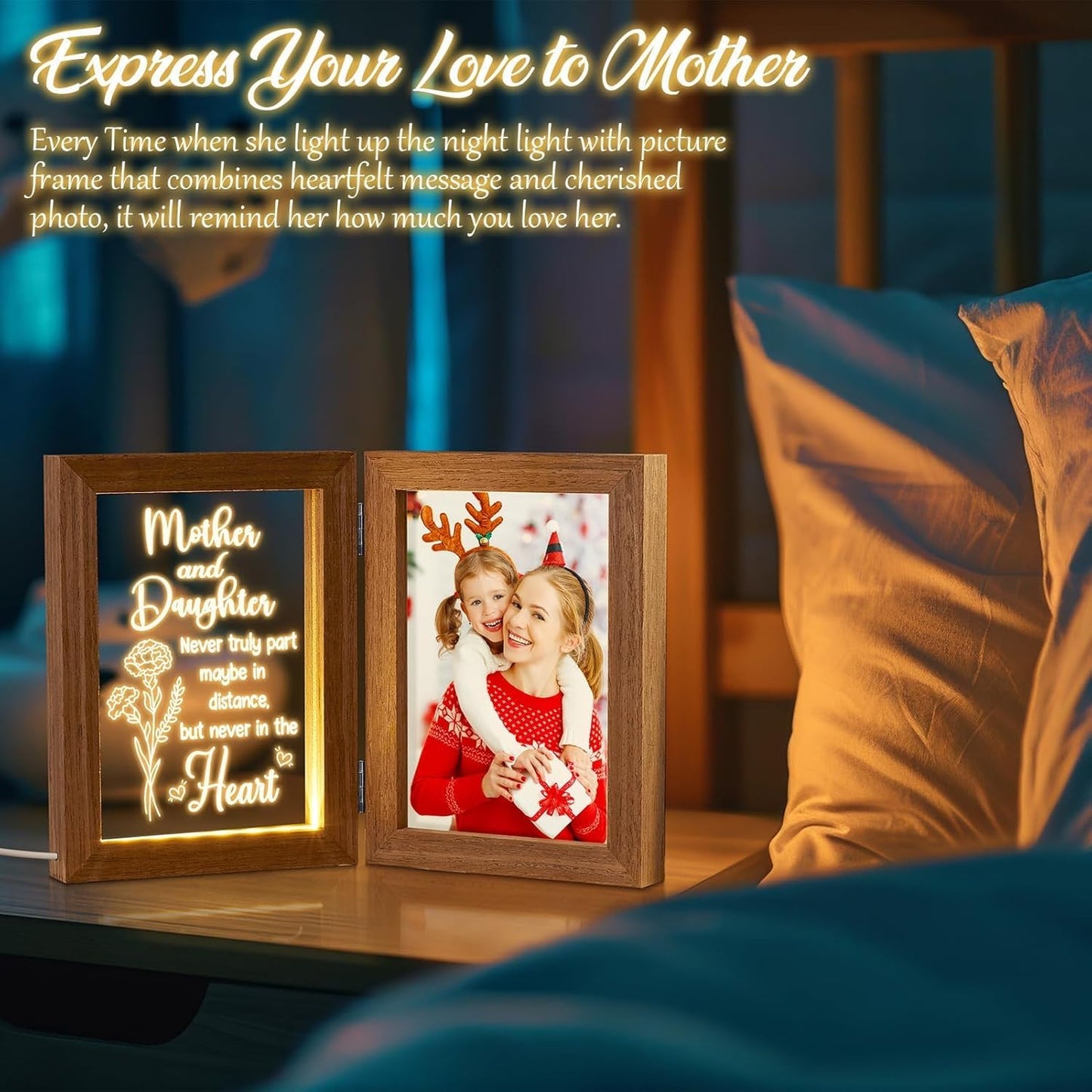 Christmas Gifts for Mom from Daughter Son Kids, Mom Gifts Engraved Night Light with 5x7 Mother Picture Frame Solid Wood, New Mama Gift Mommy Son Picture Frame Mother-in-Law Birthday Gift for Mama
