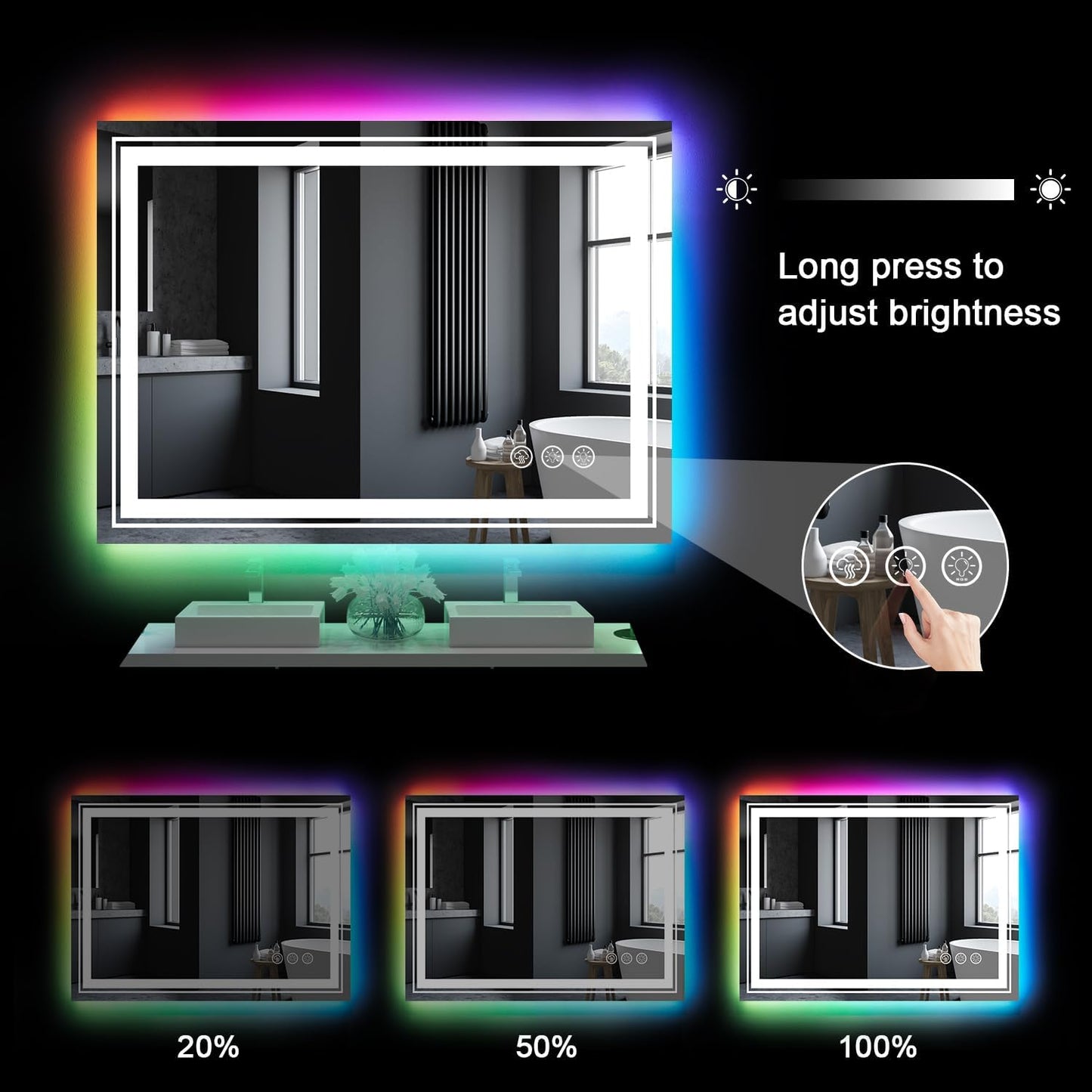 LED Mirror for Bathroom, 30"X36" with 8 RGB Backlit +3 Front Lit (Adjustable Individually), Anti-Fog, Lighted Bathroom Vanity Mirror for Wall, Shatterproof, Memory Function, Tempered Glass