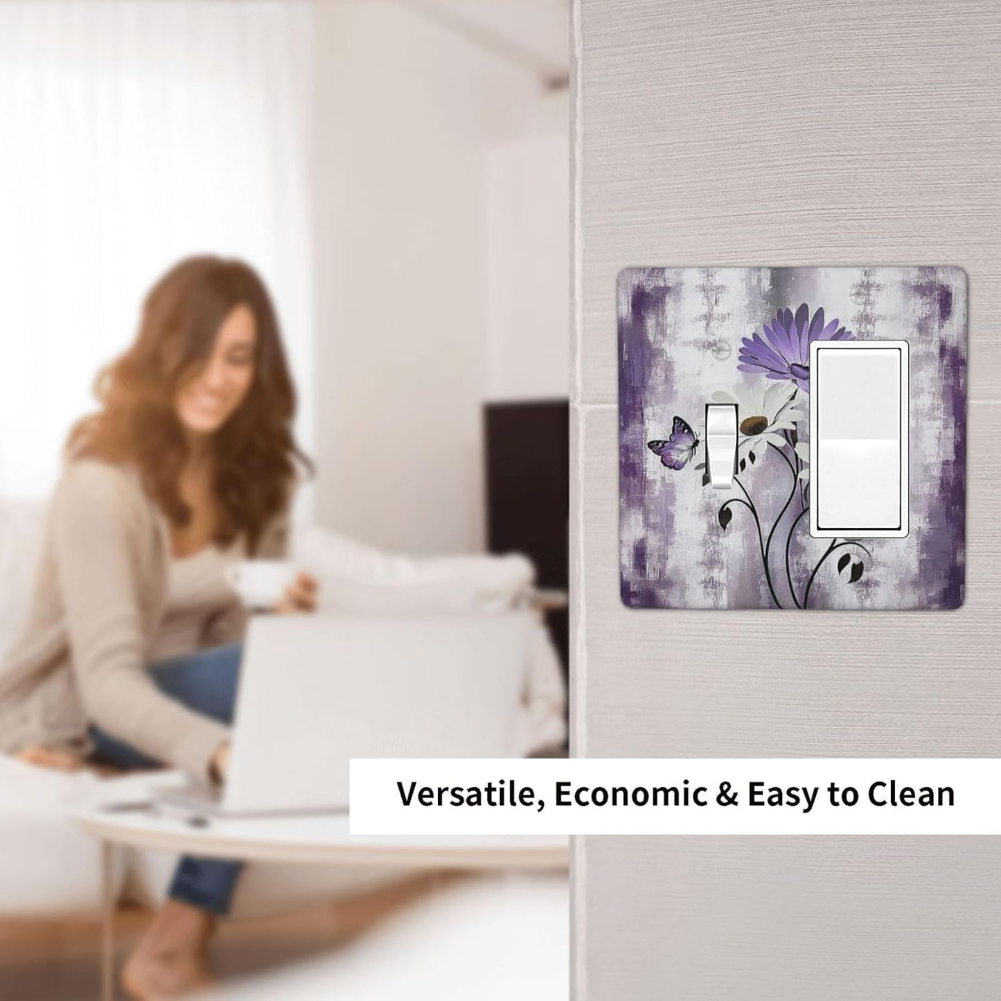Purple Daisy White Floral Butterfly Flowers 2 Gang Combo 1 Toggle 1 Rcoker Light Switch Covers Decorative Switch Plates Electrical Switch Plates and Outlet Covers for Home Art Decor 4.5 X 4.5 IN