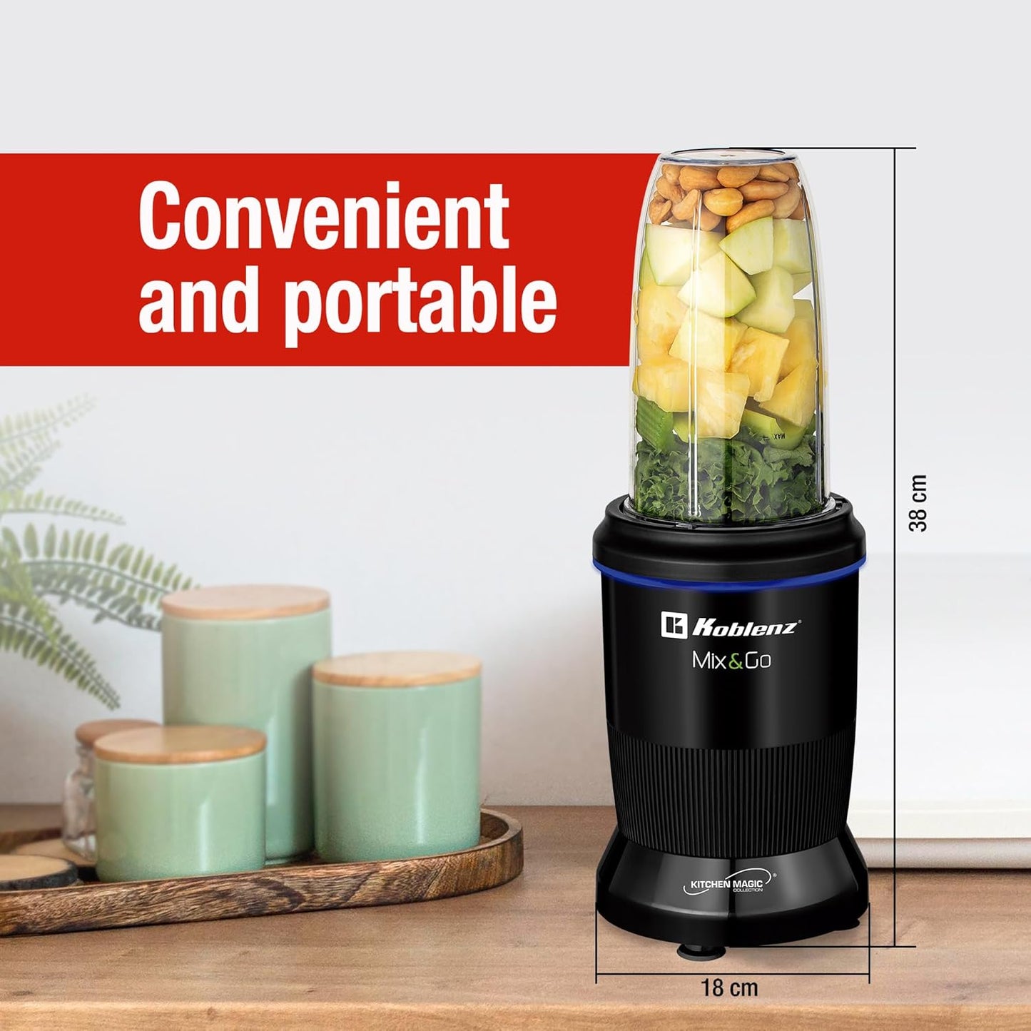 Koblenz Mix&Go Personal Blender, Portable Size Blender for Shakes and Smoothies with Auto-Stop Function, 1000w Motor, Stainless Steel Blades, To-Go Cup, Easy to Clean, Black