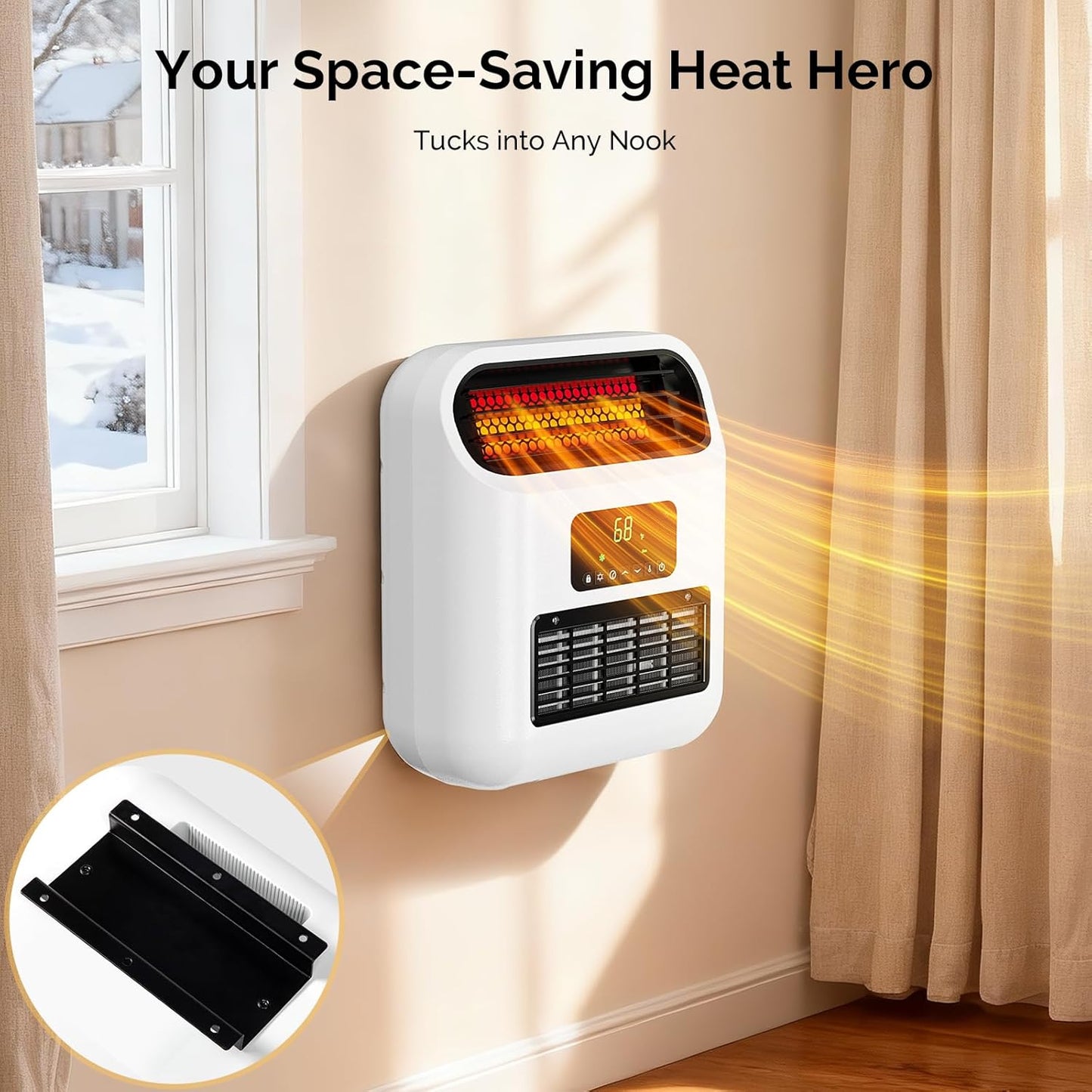 ROVSUN Small Wall Mounted Space Heater with Remote Control, Wall Heaters for Indoor Use, 12H Timer, Adjustable Thermostat, ECO Modes, Child Lock, Quartz Element, for Bedroom, Living Room, Home, 1500W