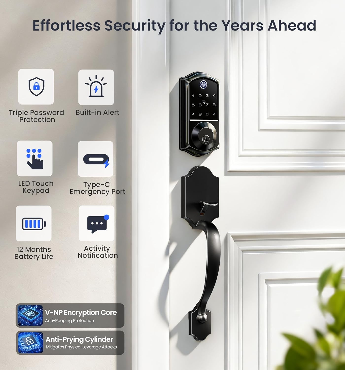Veise VE017-H Fingerprint Smart Front Door Lock Set, App Control, Keyless Entry Deadbolt with Handle, Smart Deadbolt, Emergency Power Port, Touchscreen Keypad, Auto Lock, Easy Install, Matte Black