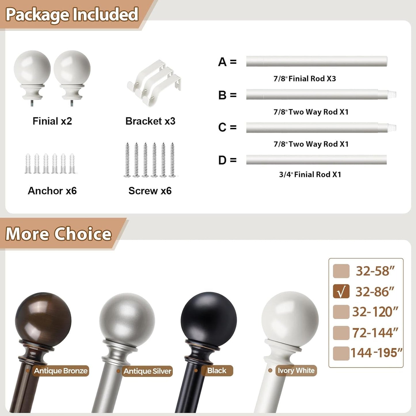 KAMANINA White Curtain Rods for Windows 48 to 84 Inch, 7/8 Inch Adjustable Curtain Rods 32 to 86 Inches (2.6-7.1ft), Single Drapery Rod Adjustable with Round Finials