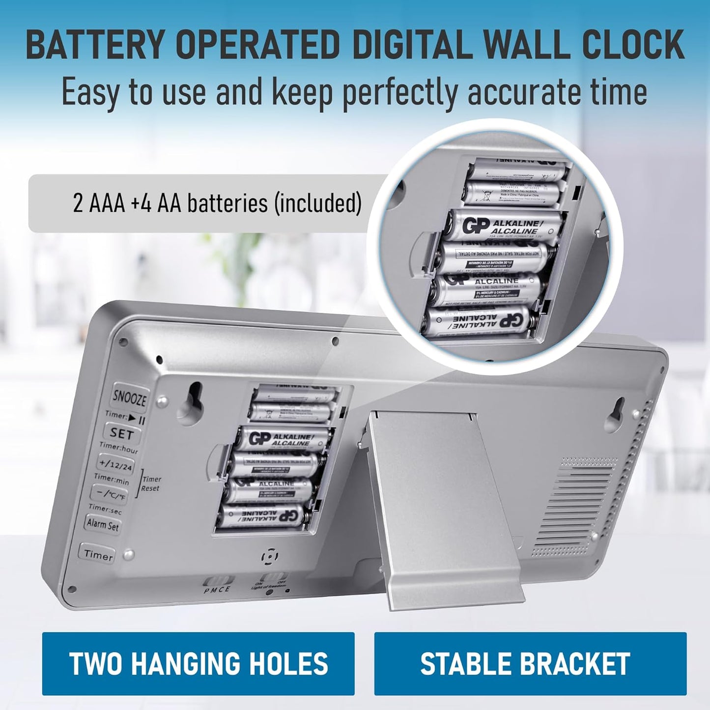 TXL Silver Large Digital Wall Clock with Backlight, 14.2" Battery Operated Alarm Clock with Day, Date & Temperature, Large Wall Clock for Classroom,Bedroom, Livingroom, Office,(Battery Included)