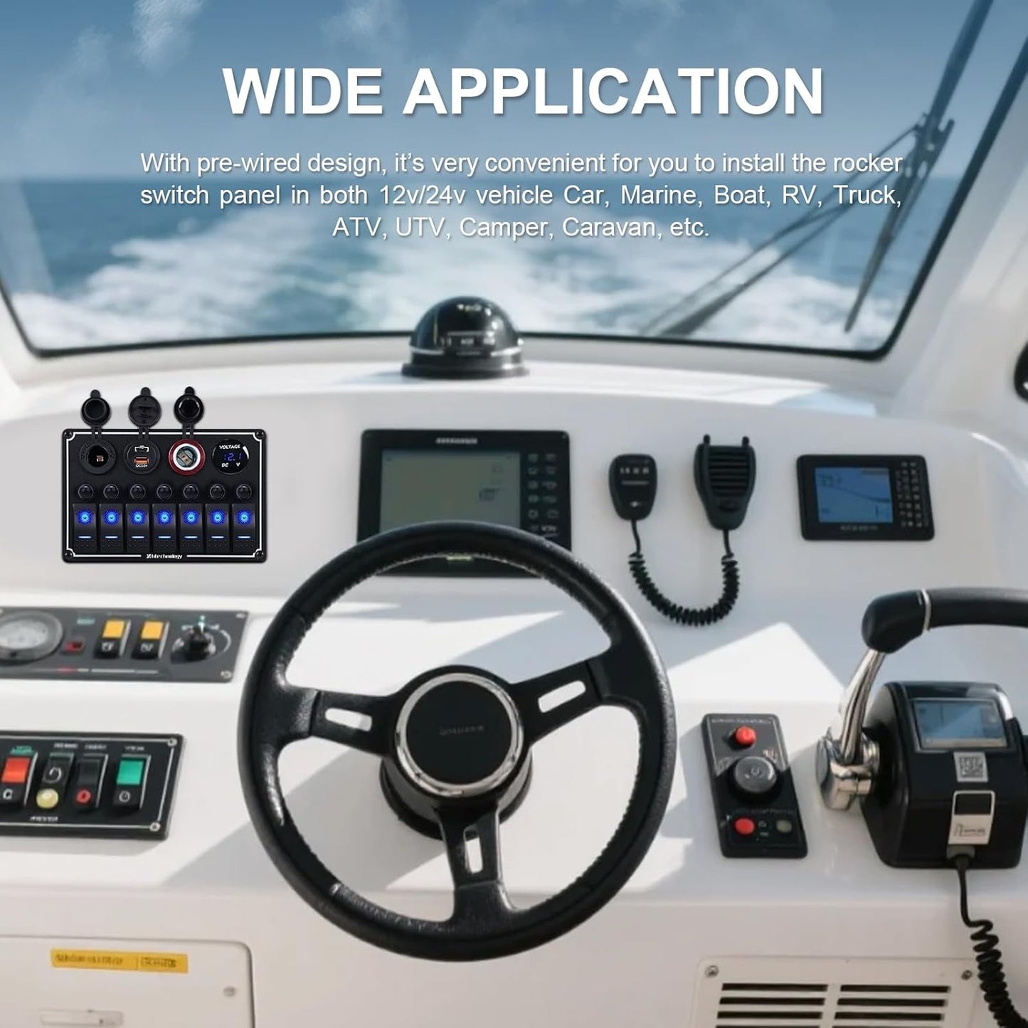 7 Gang Marine Boat Switch Panel with Dual USB Charger & Voltmeter, Waterproof Aluminum Rocker Switch Panel for Marine Automotive Truck RV Trailer with Lighter Socket Press Protector, 12/24V Black