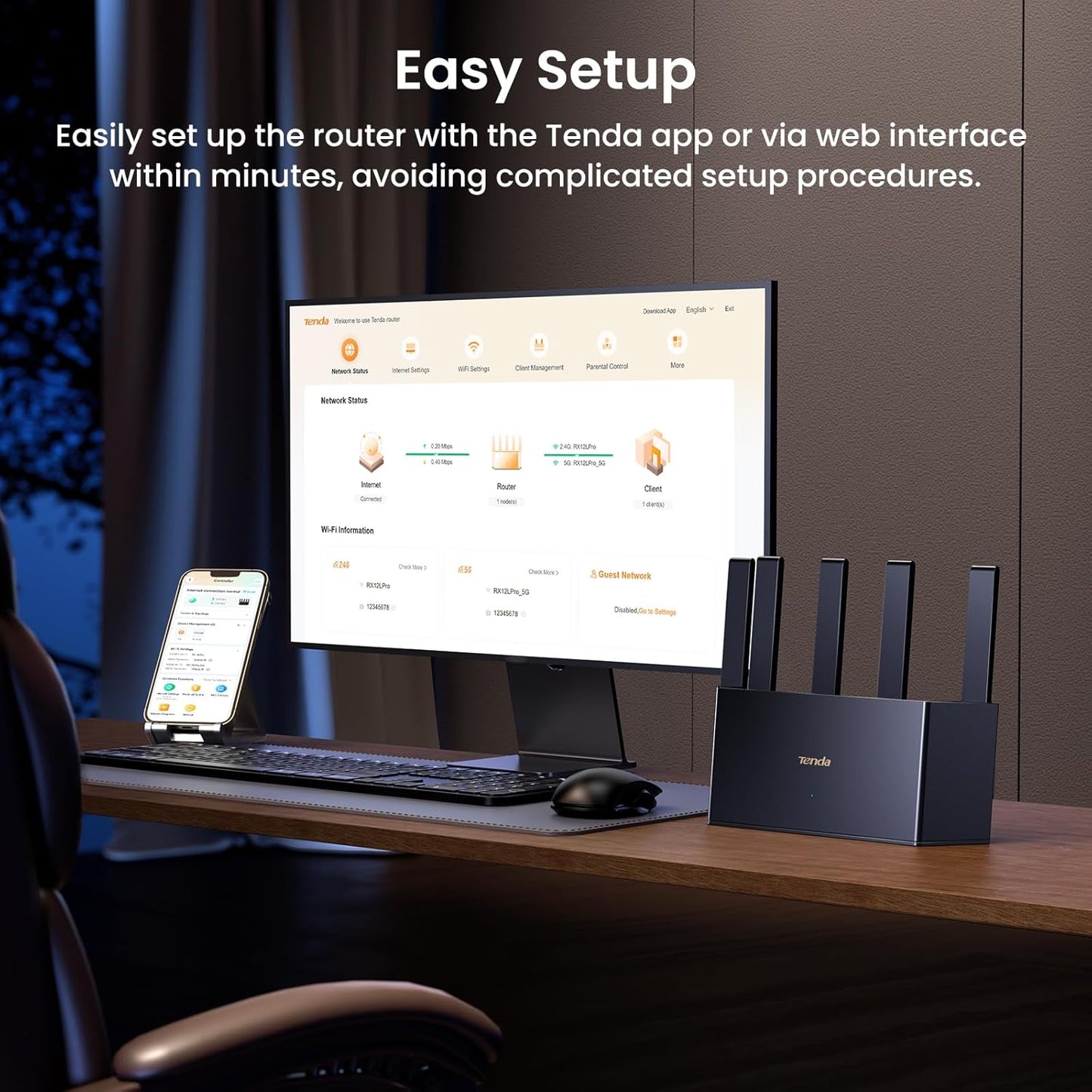 Tenda BE3600 Dual Band WiFi 7 Router (RE3L)– 3x1G Ports, Easy Setup, Security Protect, Parental Control, Access Point Mode, Vertical Design, MLO, VPN, NFC