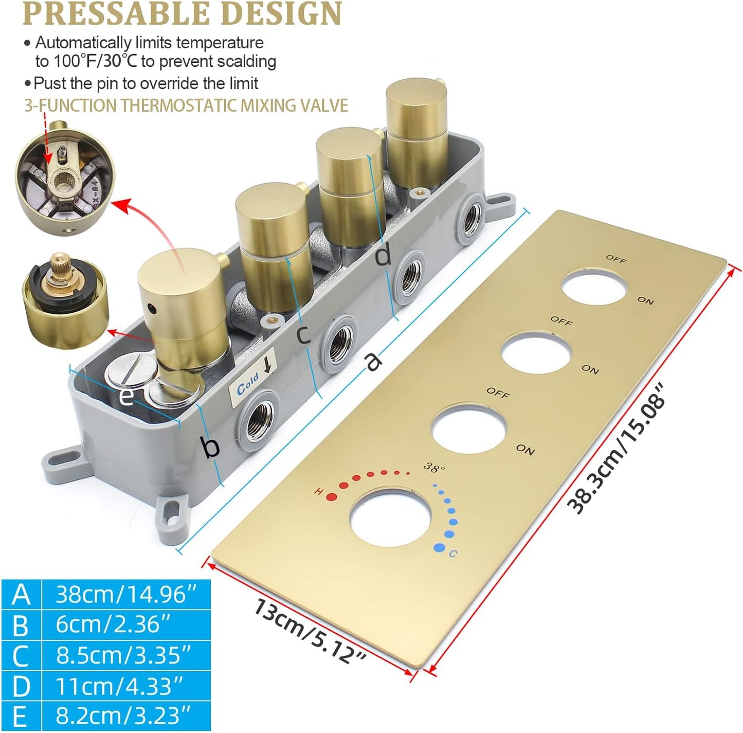 Thermostatic 3 Way Shower Diverter Valve, Modern Bathroom Concealed Brass Mixer Mixing Faucet Valve Kit Single Handle Control Flow Can Use At The Same Time, Brushed Gold