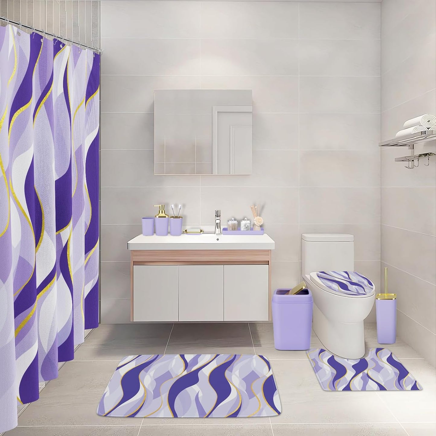 Bathroom Set - Purple and Gold Bathroom Accessories, Bathroom Sets with Shower Curtain and Rugs, Purple Shower Curtain Set with Bathroom Trash Can, Soap Dispenser, Soap Dish for Home Decor