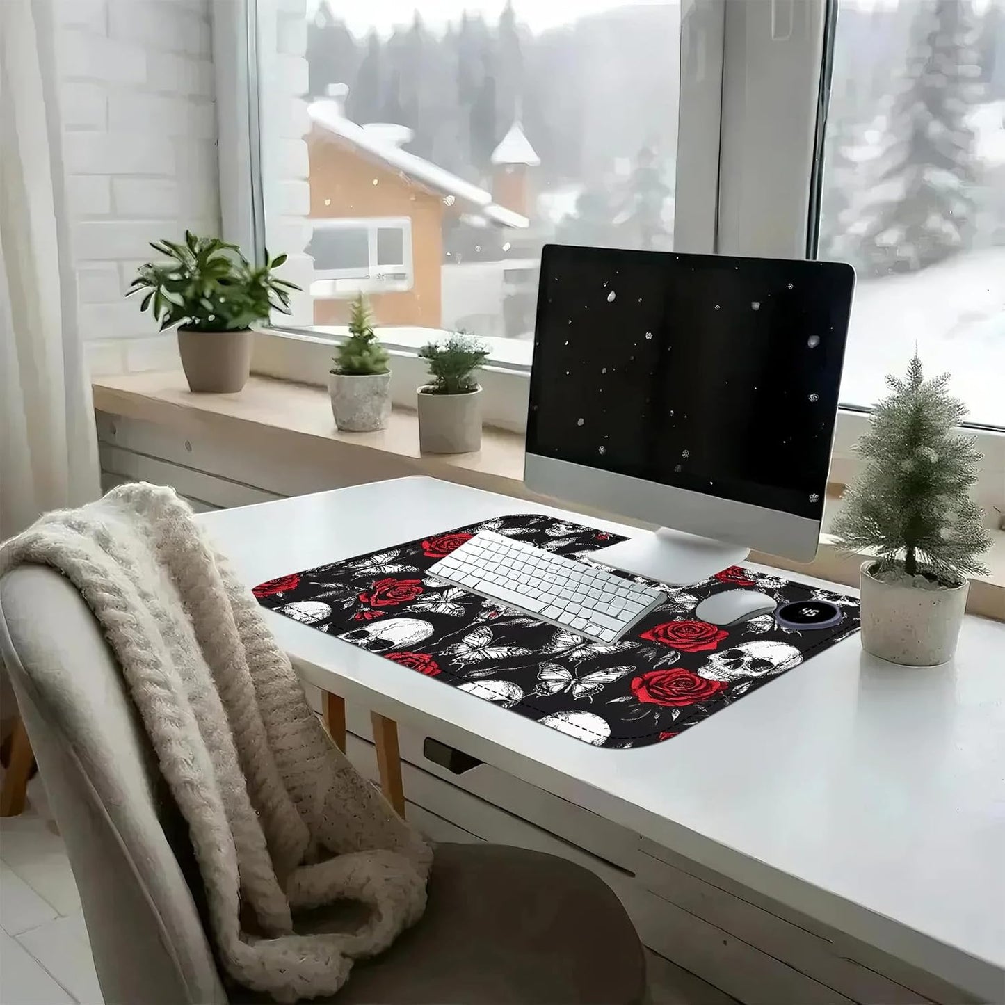 Heated Mouse Pad with 3 Temperature Settings(104°F–122°F),Large 24x14.2 Inch PU Leather Heated Desk Mat,Waterproof Warming Pad for Office,Gaming & Cold Hands Relief,Skeleton Skull Rose