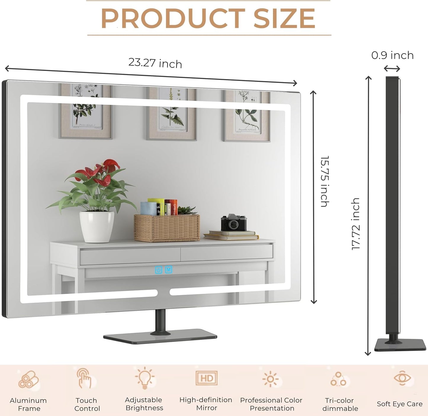Vanity Mirror with Lights, 23.27 x 17.7 Inch LED Makeup Mirror, Lighted Makeup Mirror with Dimmable 3 Modes, Smart Touch Control, Aluminum Frame and Tempered Glass Base, Bronze