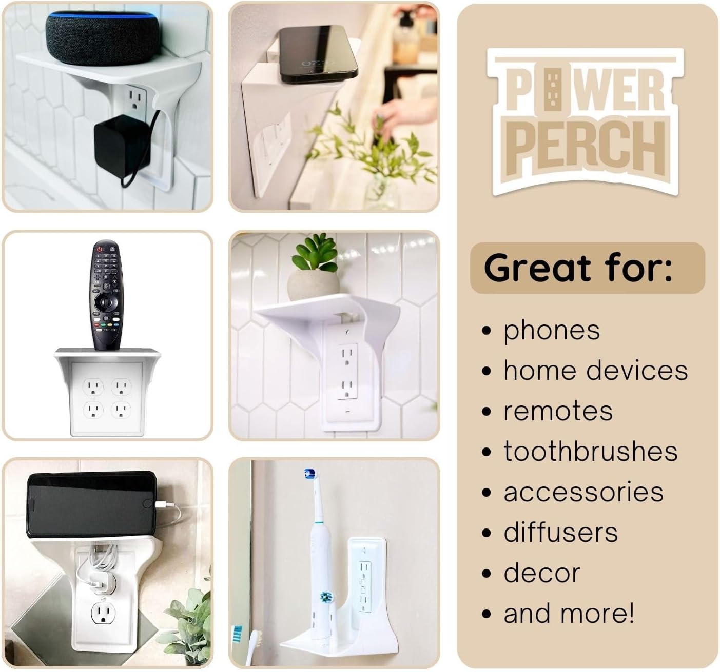 Power Perch Horizontal Wall Outlet Shelf – Bathroom Shelving for Electric Toothbrush & Organization – Useful as Alexa Dot Holder, Small Wall Shelf Apple Homepod Mini Wall Mount – White, 2-Pack