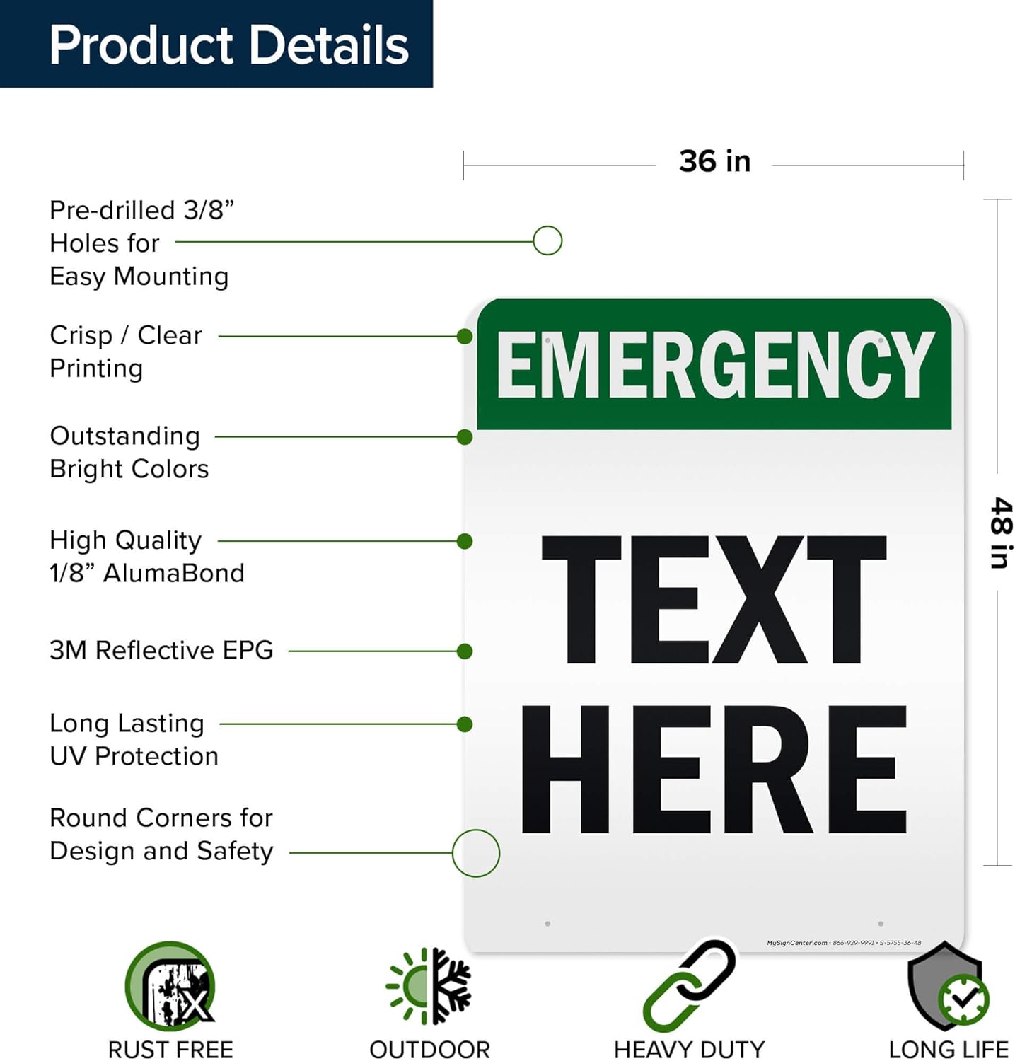 Custom Emergency Sign, OSHA Sign, 36x48 Inches, Reflective, Rust Free DiBound, Fade Resistant, Made in USA by My Sign Center