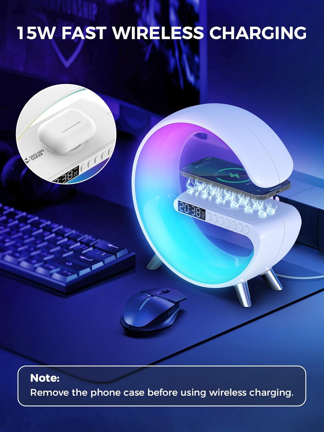 Smiling Shark Wake Up Light, Wireless Charger Atmosphere Desk Light with Bluetooth Speaker White Noise App Control Dimmable Sunrise & Sunset Simulation Dual Alarm Clock Smart Light for Home Decor