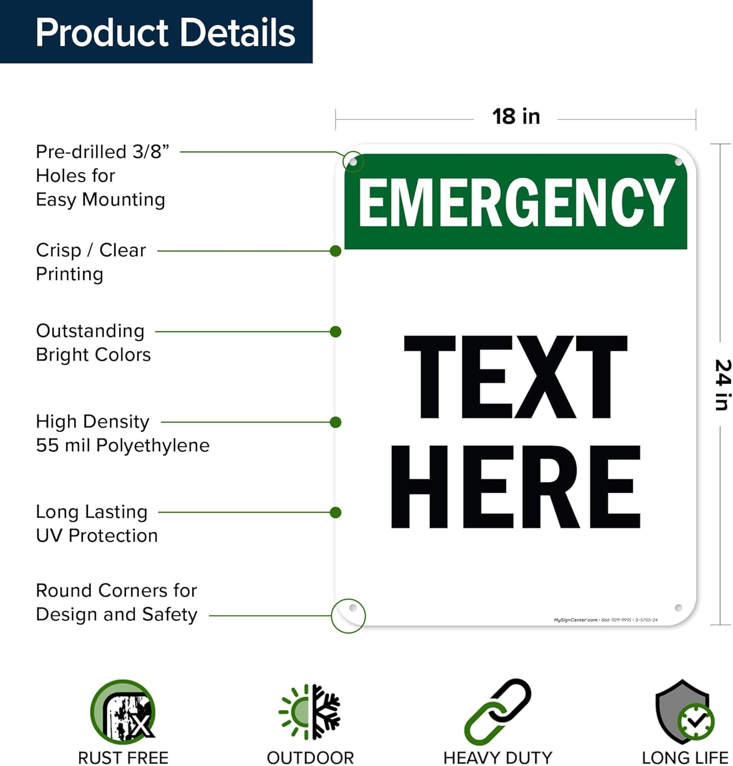 Custom Emergency Sign, OSHA Sign, 18x24 Inches, 55 mil thick HDPE (high density polyethylene), Made in USA by My Sign Center