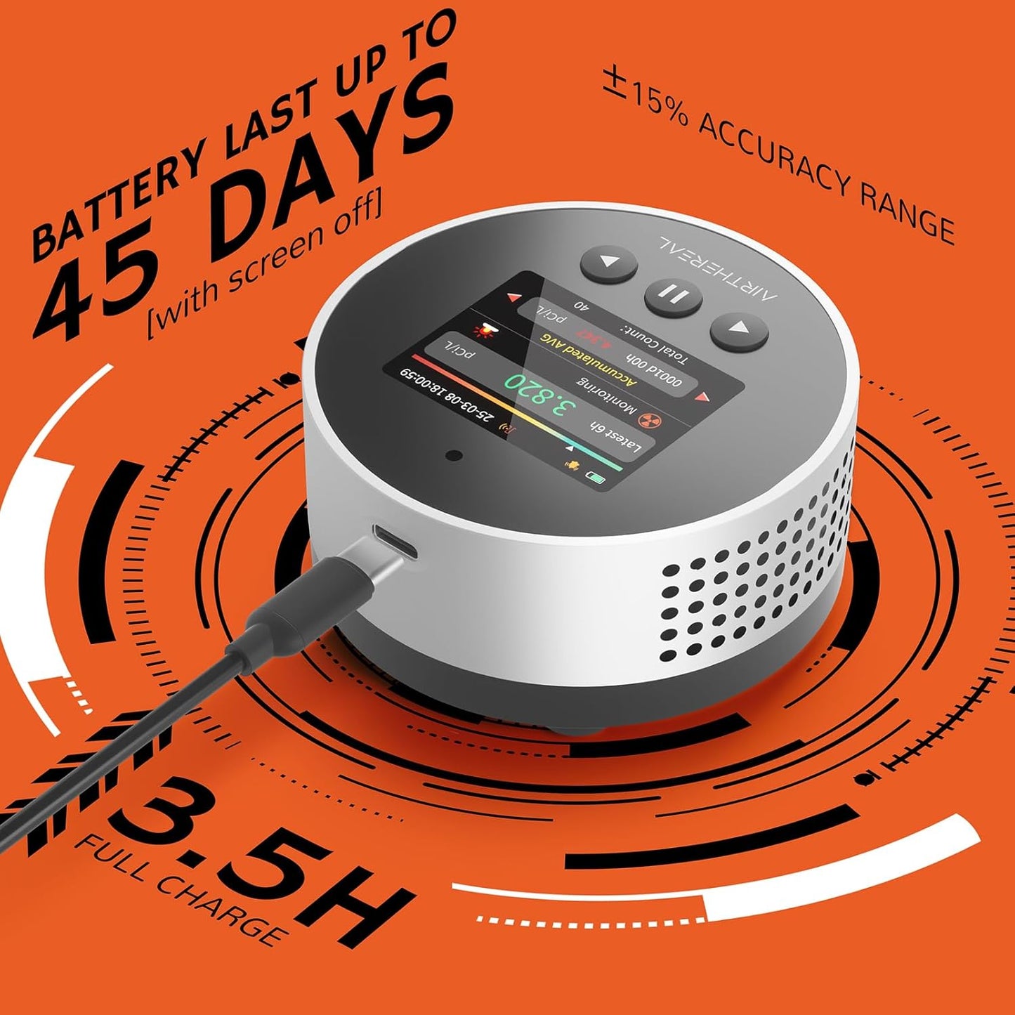 Airthereal Portable Radon Detector for Home – 504-Day Data Storage for Long Term Monitoring, LCD Color Display, Fast 6H Results, Long Battery Life, Audible & Visual Alarm - Upgraded 2025 Version