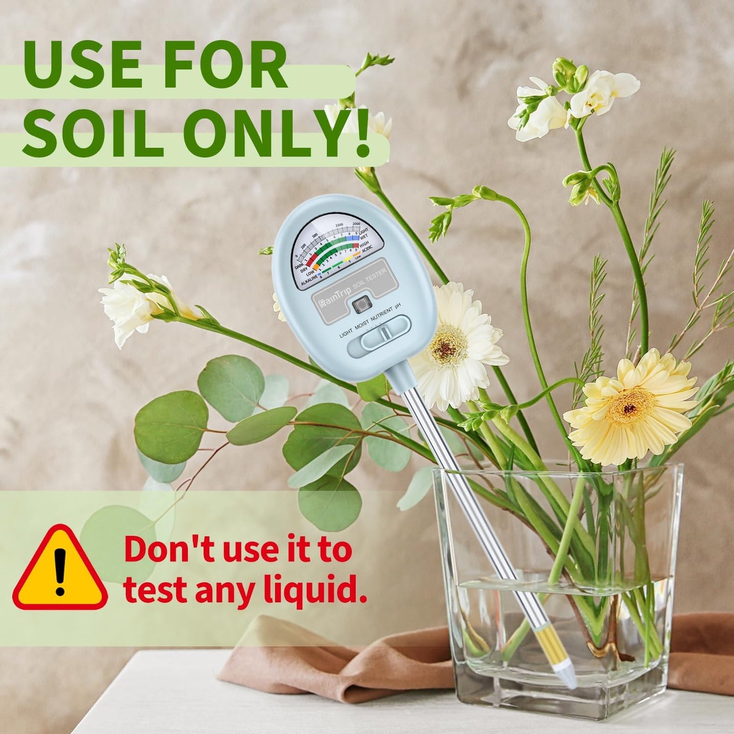 4-in-1 Soil Moisture Meter, Moisture Meter for Plants, Soil Ph Meter, Tester for Moist, Light, Nutrients, pH, Great for Garden, Lawn, Farm, Indoor & Outdoor Use,No Battery Required, Blue
