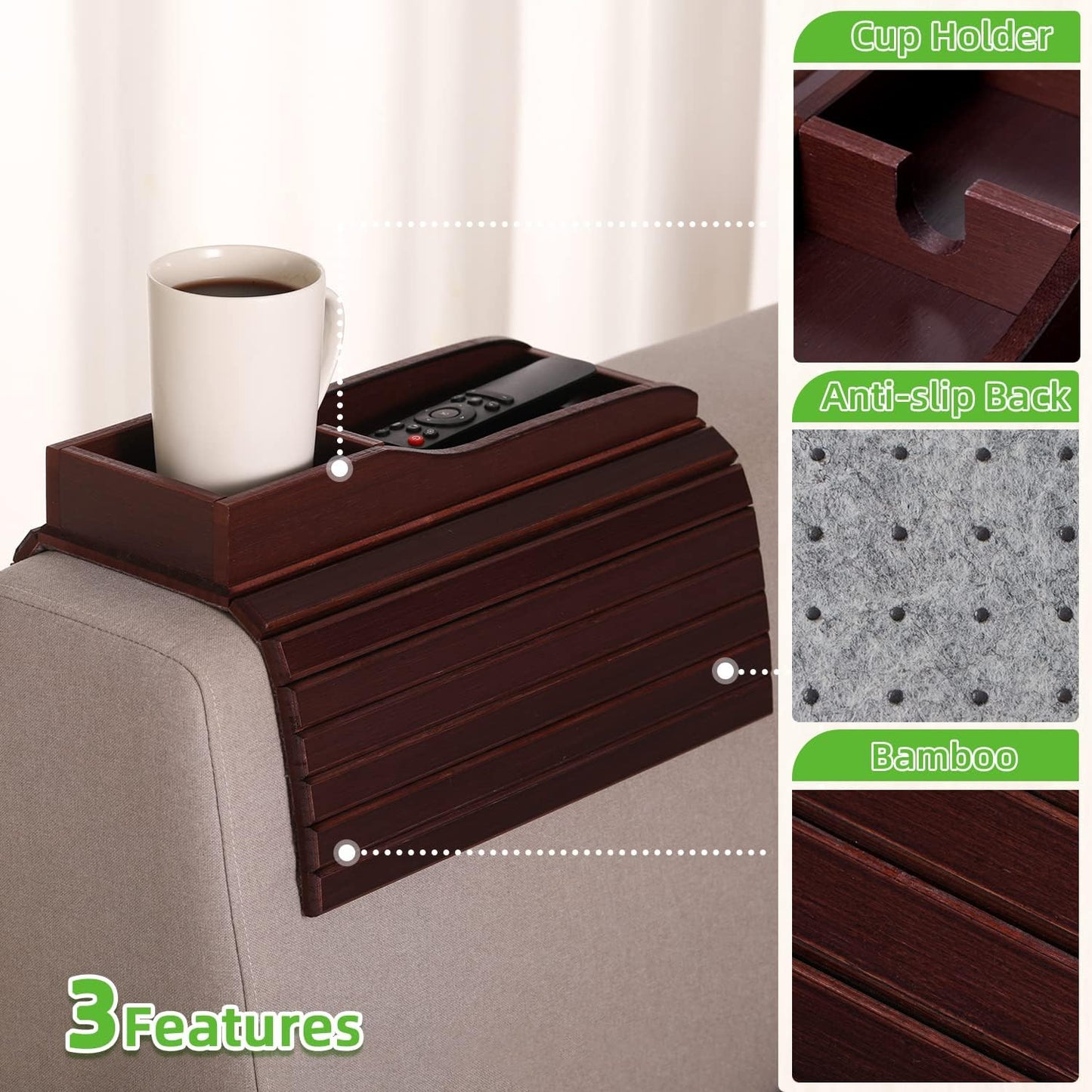 GEHE Couch Cup Holder, Anti Falling Sofa Arm Tray, Natural Bamboo Sofa Cup Holder More Safe for You Family, Portable Couch Arm Tray Armrest Table for Remote, Snacks, Phone, Drinks