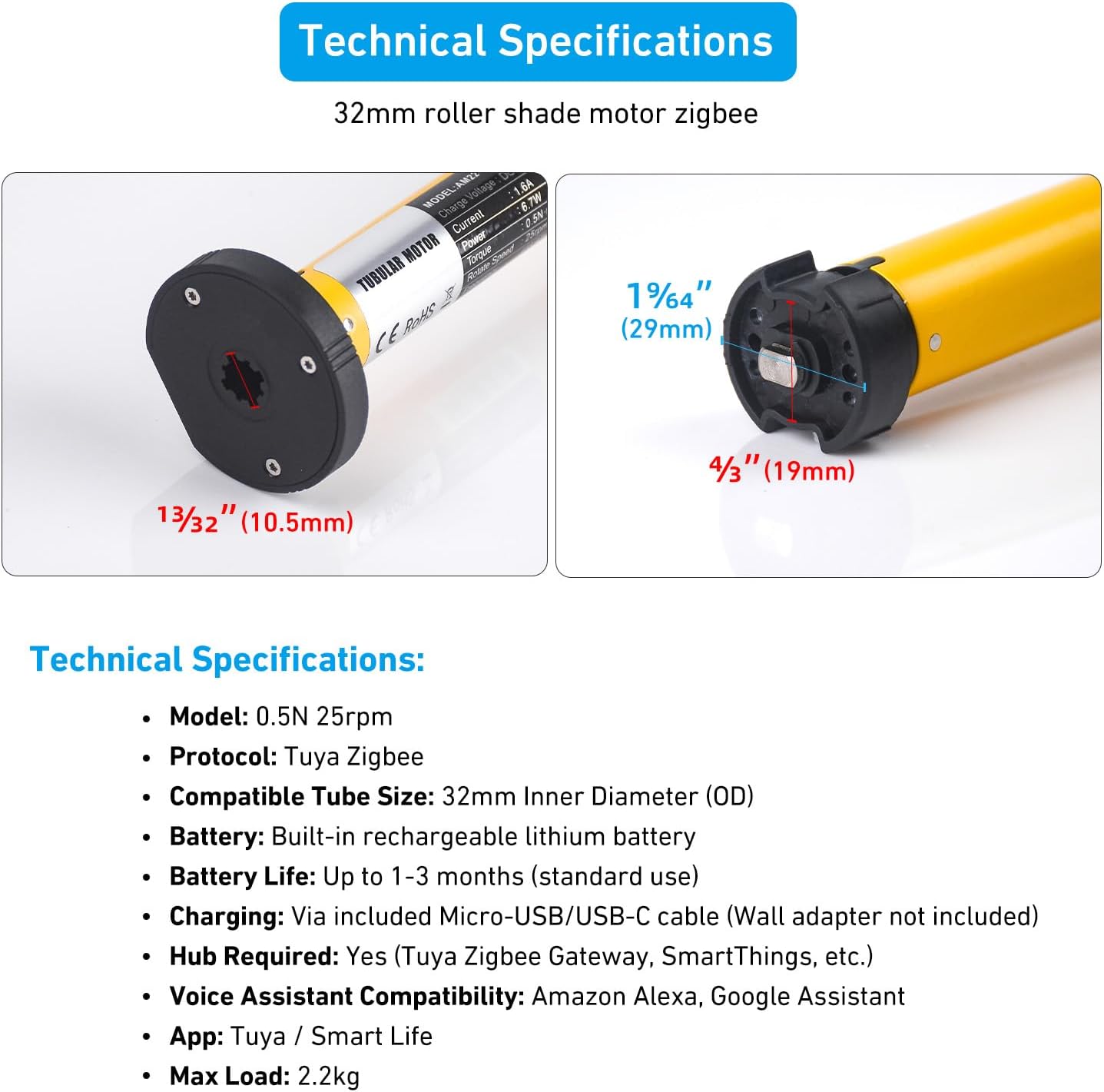 AM22 Zigbee Smart Roller Shade Motor for 32mm Tubes - Rechargeable Battery, Compatible with Alexa & Google Home via Tuya Zigbee Gateway, Voice & App Control