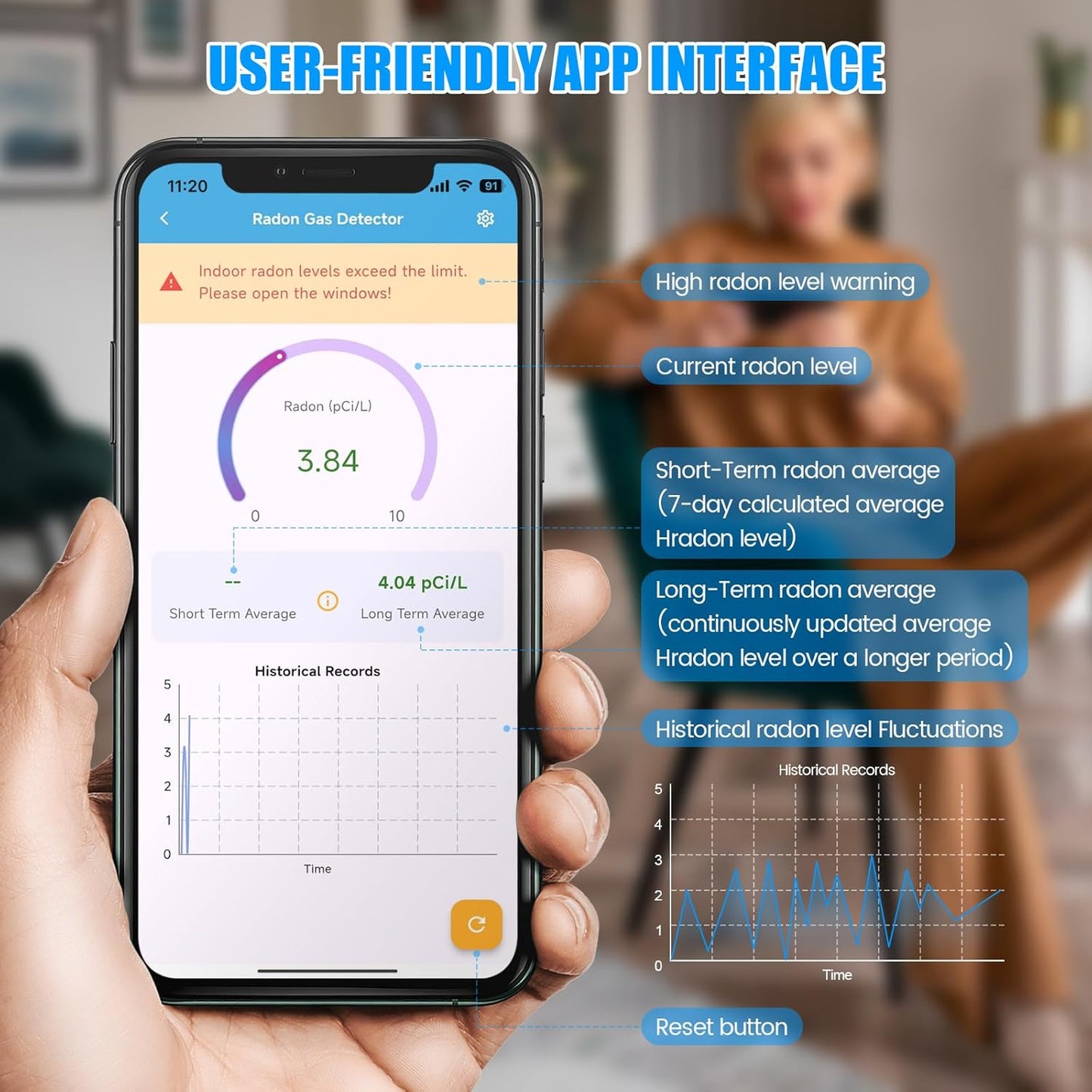 WiFi Home Radon Detector, Portable Radon Meter with Real-Time Short & Long-Term Monitoring, Plug-in Design, Instant Alerts & App Control, 2.4 & 5GHz Dual-Band WiFi Compatible