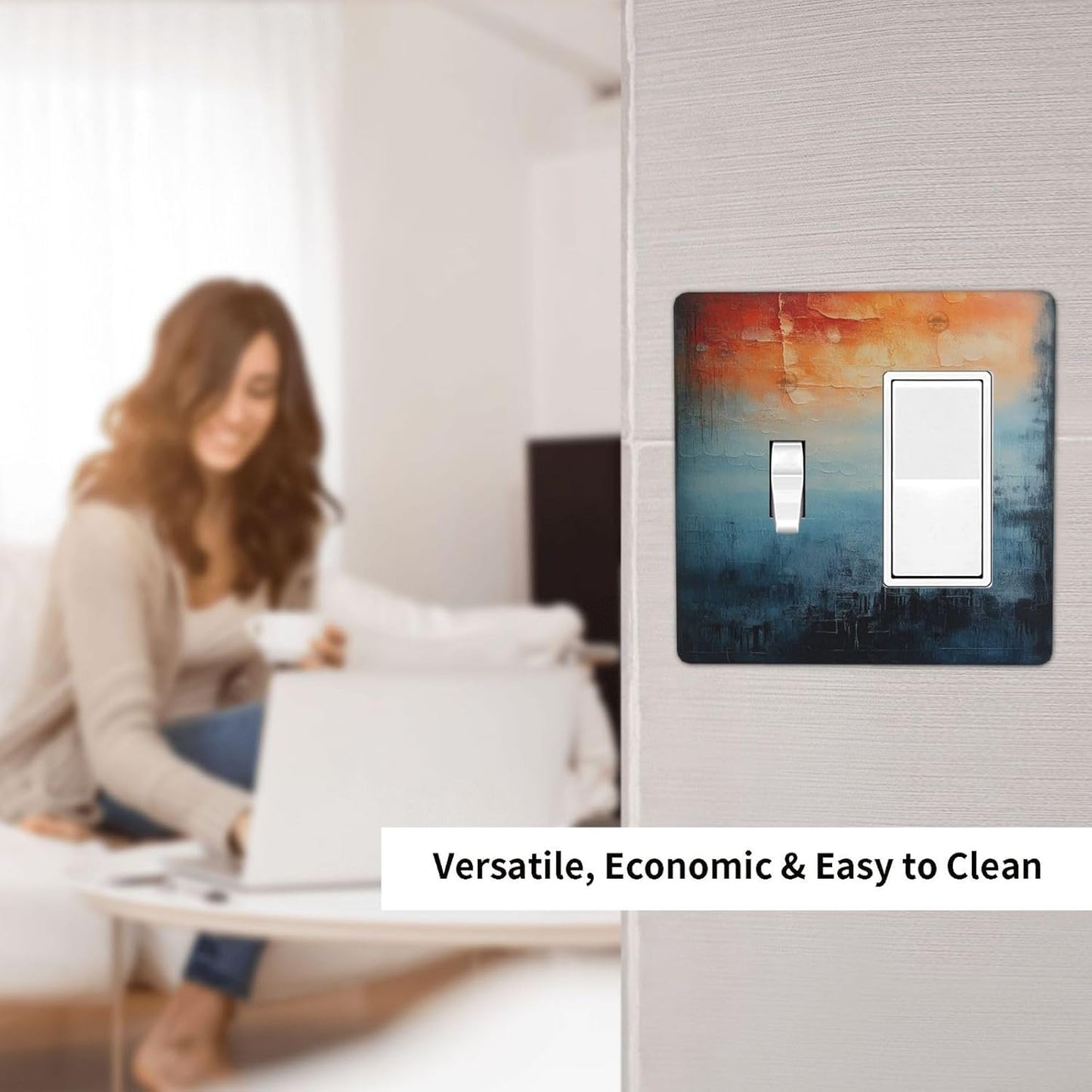Blue Orange Abstract Modern Minimalist Oil Painting 2 Gang Combo 1 Toggle 1 Rcoker Light Switch Covers Decorative Switch Plates Electrical Switch Plates and Outlet Covers for Home 4.5 X 4.5 IN