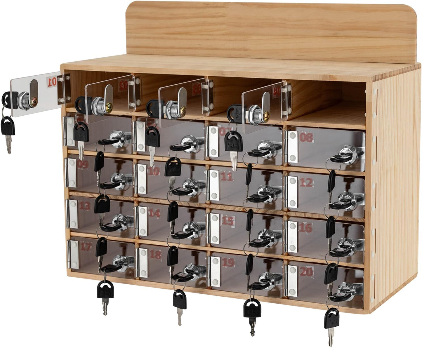 20 Slot Lockable Cell Phone Locker Box, Wall-Mounted/Freestanding Clear Acrylic & Wood Cell Phone Storage Cabinet with Door Locks and Keys for Classroom, Office, and School Employees