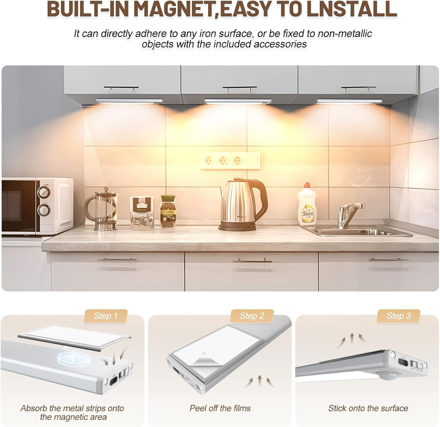 6 Pack Under Cabinet Lighting Wireless, 40 LED Rechargeable Battery Motion Sensor Light Indoor, Stick On Magnetic Closet Lights, Under Counter Lights for Kitchen, Stairs, Warm 10 in