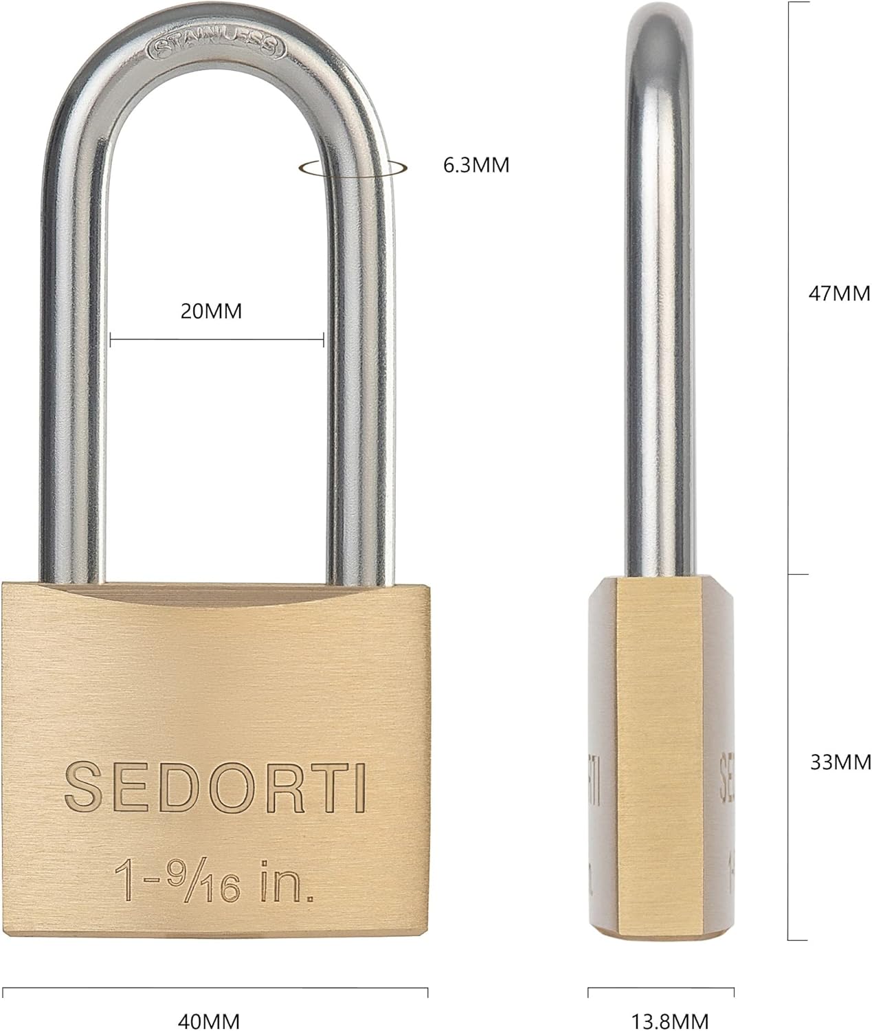 Weatherproof Padlock with Stainless Steel 304 Long Shackle and Solid Brass Body, 1-9/16 in. Wide, 2 Padlocks Keyed Alike, Marine Grade Rustproof Lock for Outdoors Use YNBSP240